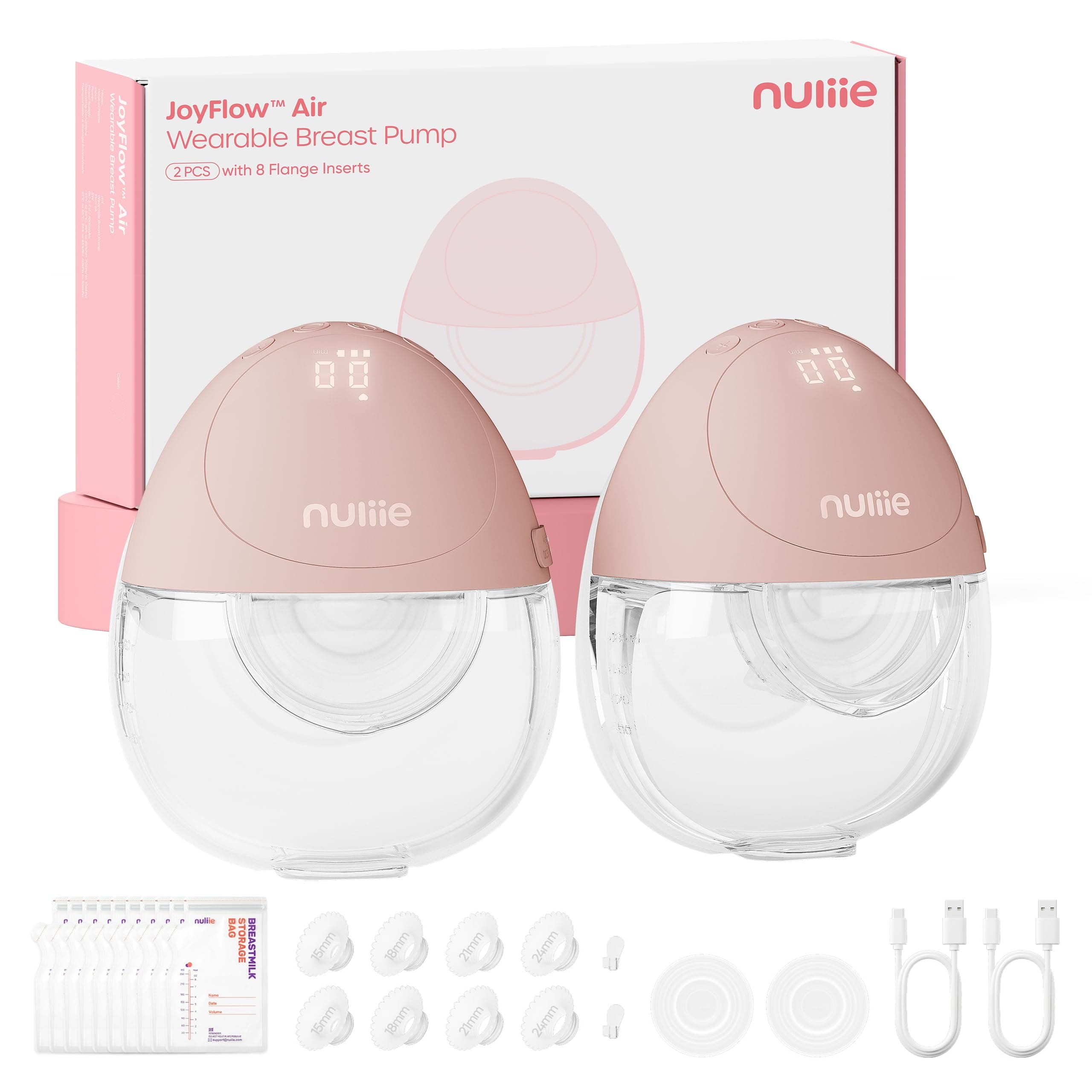 Nuliie JoyFlow Air Tire-lait électrique, ultra-fin et léger, tire-lait portable mains libres, 3 modes & 12 niveaux, silencieux & sans BPA, bride 27 mm & embouts 15/18/21/24 mm (2 Packs, Rose)