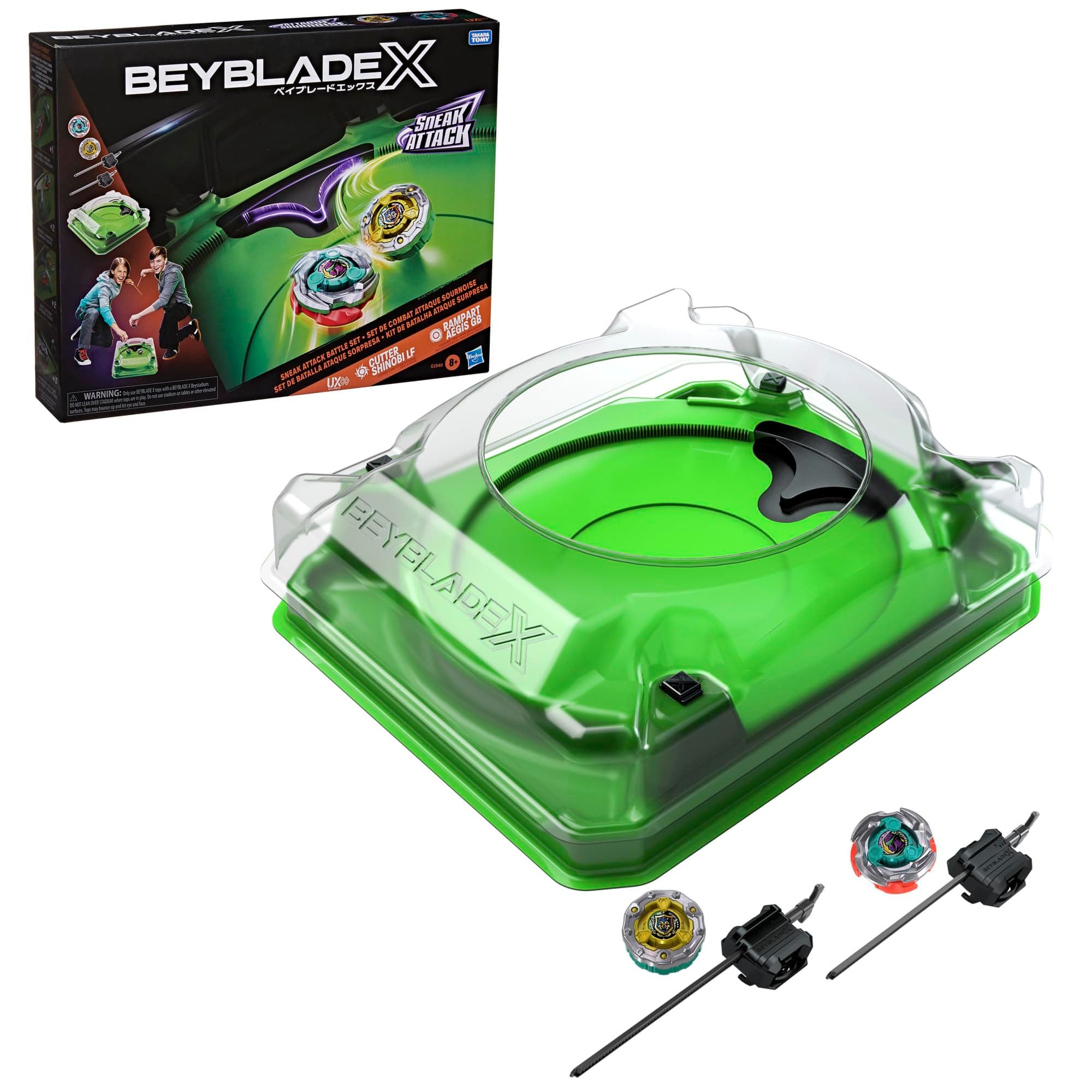 Beyblade X, Set de Batalla Sneak Attack con Arena Beystadium, 2 Tops Takara Tomy de rotación Derecha, 2 lanzadores, A Partir de 8 años
