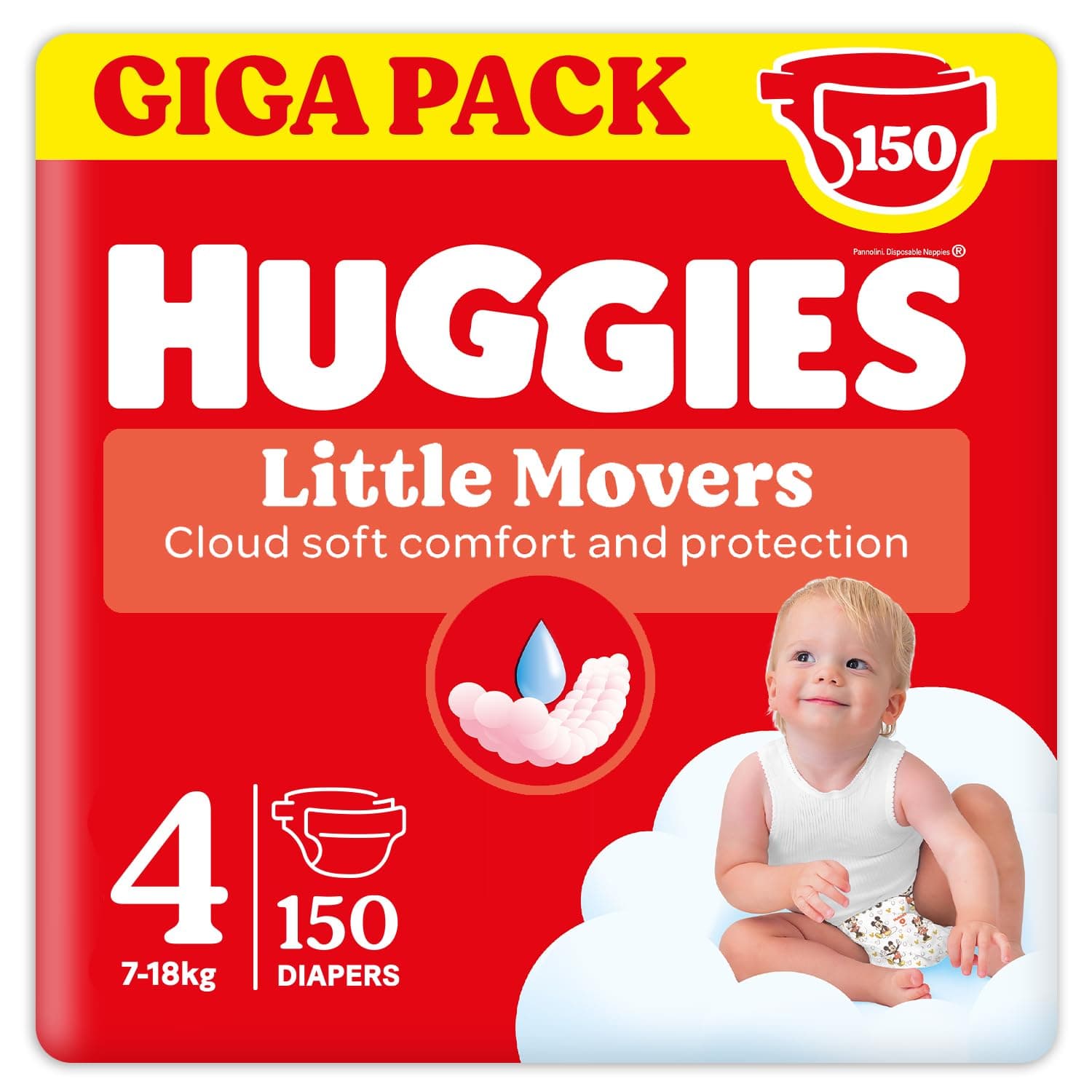 Huggies Pannolini Little Movers, Taglia 4 (7-18 Kg), Confezione da 150 pannolini, Formato Gigapack