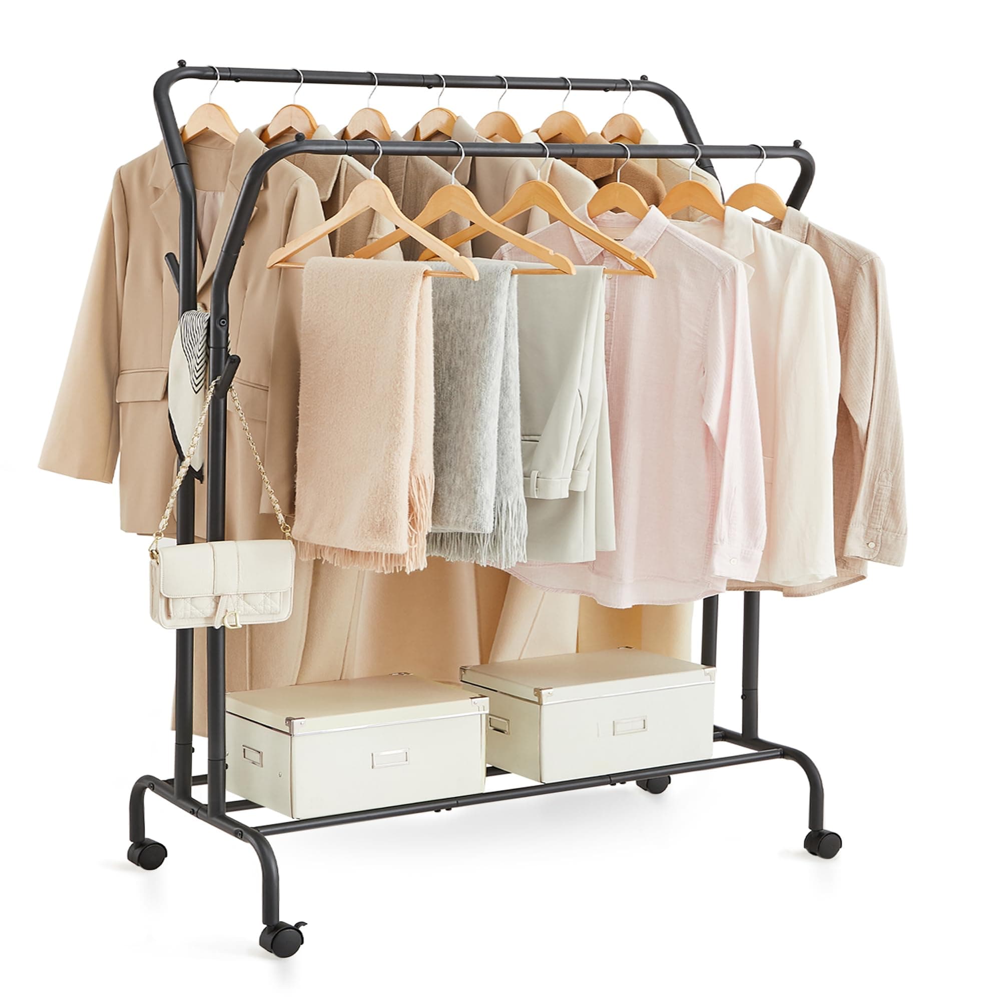 SONGMICS Kleiderständer auf Rollen, 2 Kleiderstangen, Garderobenstange, Garderobenständer aus Stahlrohren, bis 100 kg belastbar, 103,5 cm breit, multifunktionale Aufbewahrung, schwarz HSR107B01