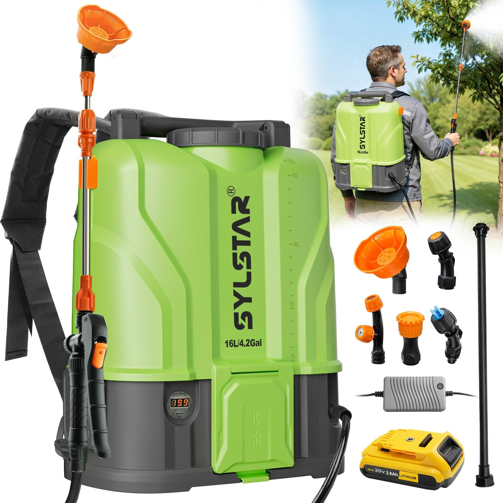 SYLSTAR Pompa Irroratrice a Batteria 16L, 8.3Bar Potente Pompa a Spalla a Batteria Compatibile con Dewalt 18V Batterie, Spruzzatore Elettrico Velocità Regolabile,5 Ugelli (Caricabatterie Incluso)