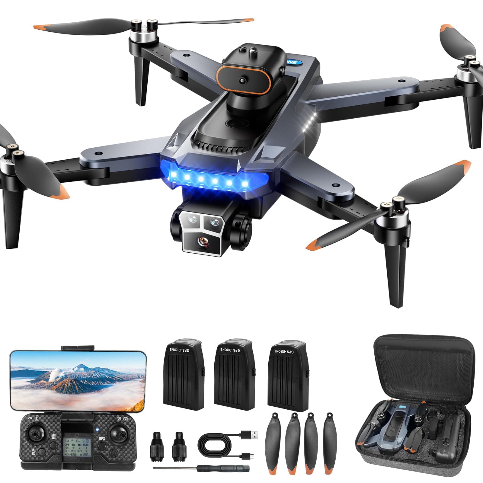 Drone avec Camera 4K Professionnel pour Adultes, GPS Drone pour Adultes, 54 Min de Vol,Moteur Brushless, Suivi Auto, Retour Auto, Wi-Fi 5G, Léger<249g avec 3 Batteries(Noir)(Standard)