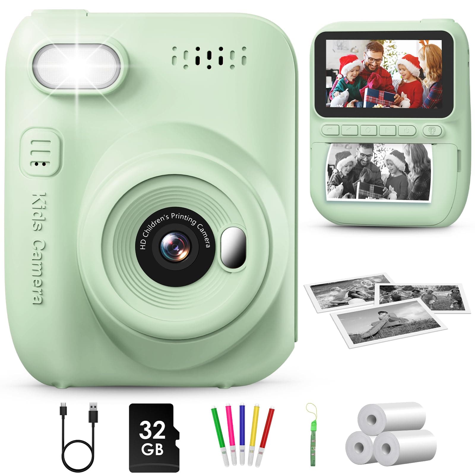 GREENKINDER Macchina Fotografica Istantanea per Bambini, 3,0 Pollici 14MP con 32GB Scheda, 1080P Fotocamera Digitale, Regalo da 3-12 Anni