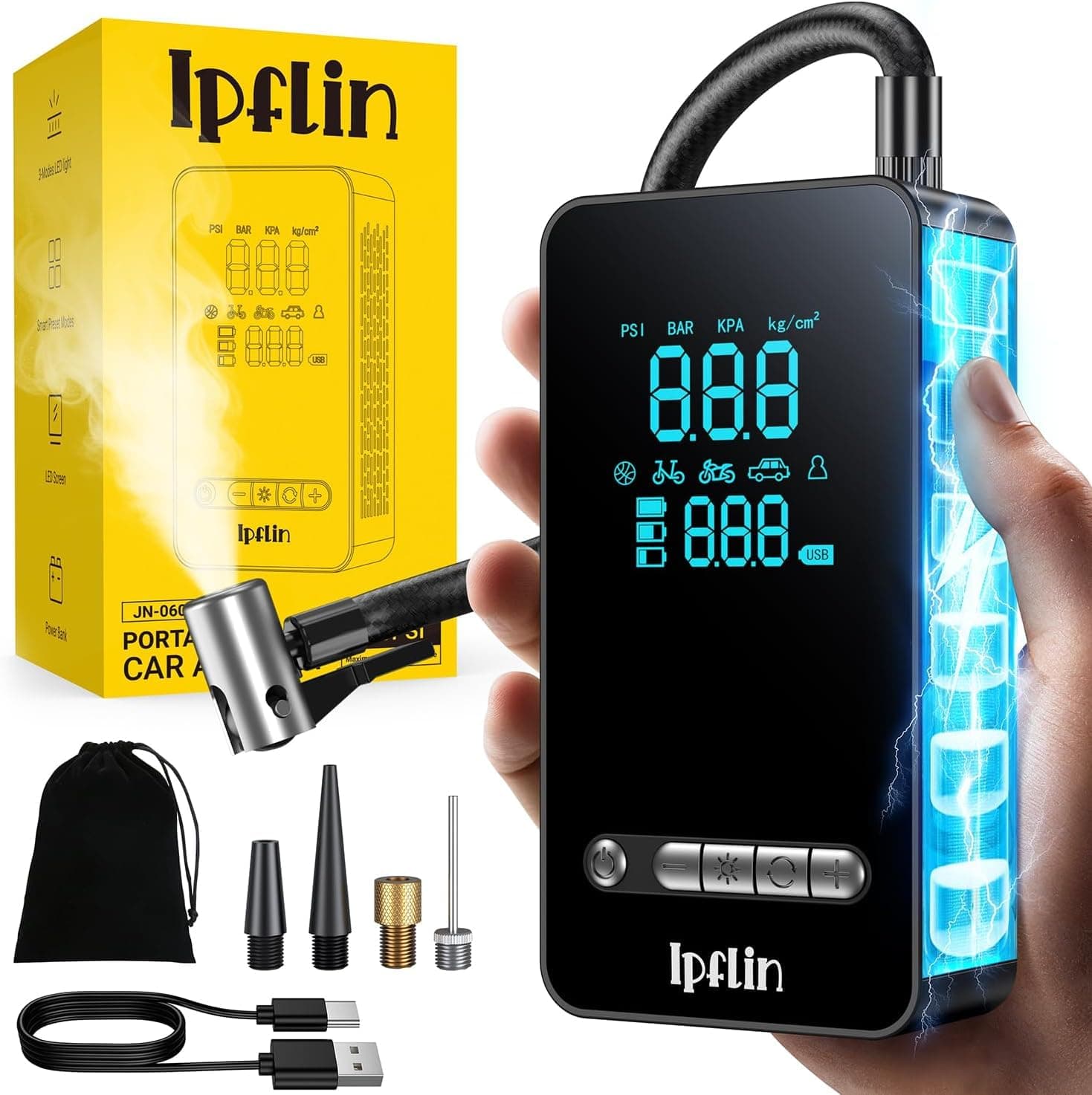 Ipflin Inflador Ruedas Coche Compresor Aire Portatil - Inflador Electrico 150PSI con Función de Parada Automática, Hinchador Ruedas para Coche Moto Bicicleta, Pantalla Digital Nueva Versión