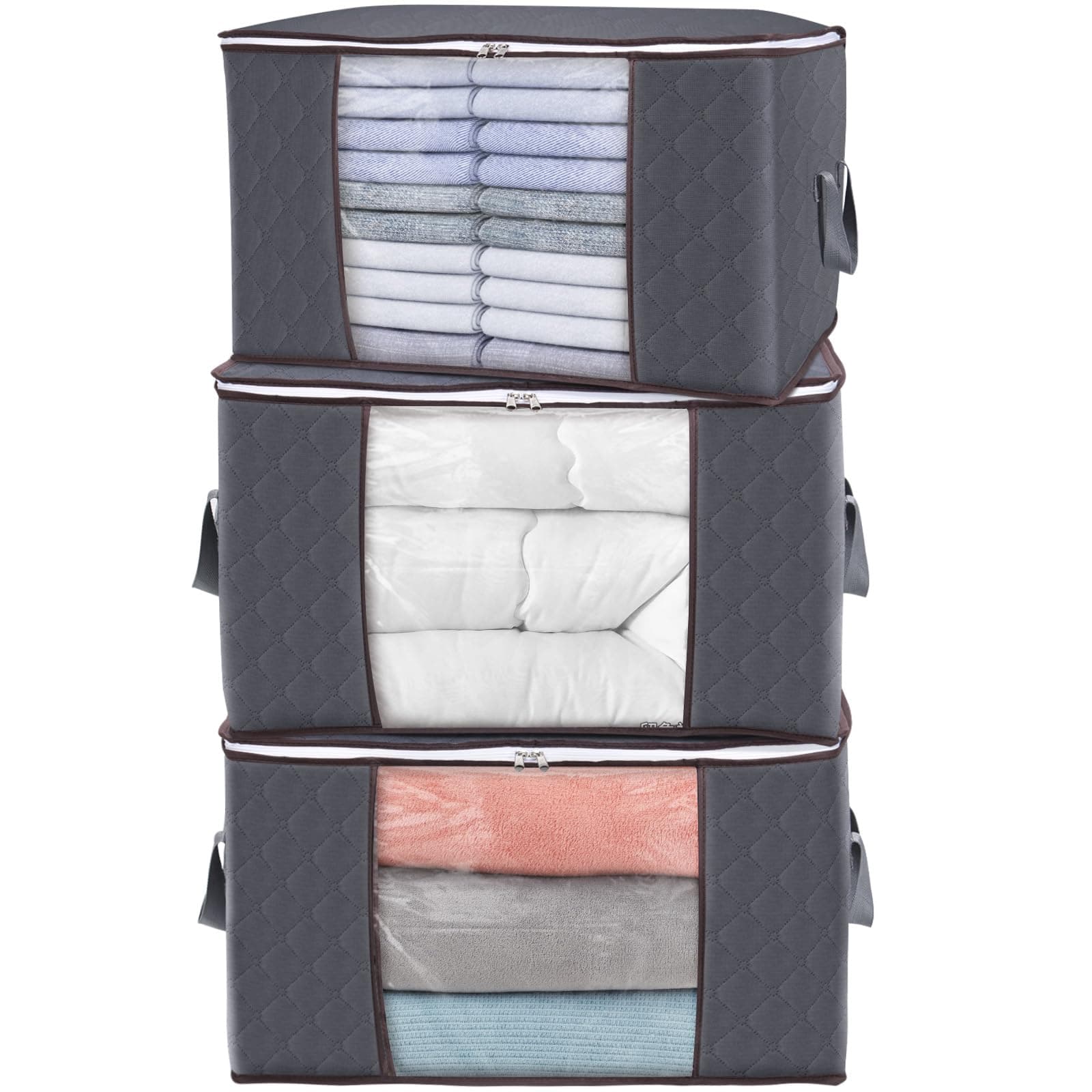 Lifewit Bolsa Almacenaje Ropa, Cajas Almacenaje Plegable, Organizador Armario, Cajas Mudanza, Bolsas con Asa Reforzada para Guardar Ropa, Mantas, Edredones, Gris, 95L, 3 Piezas