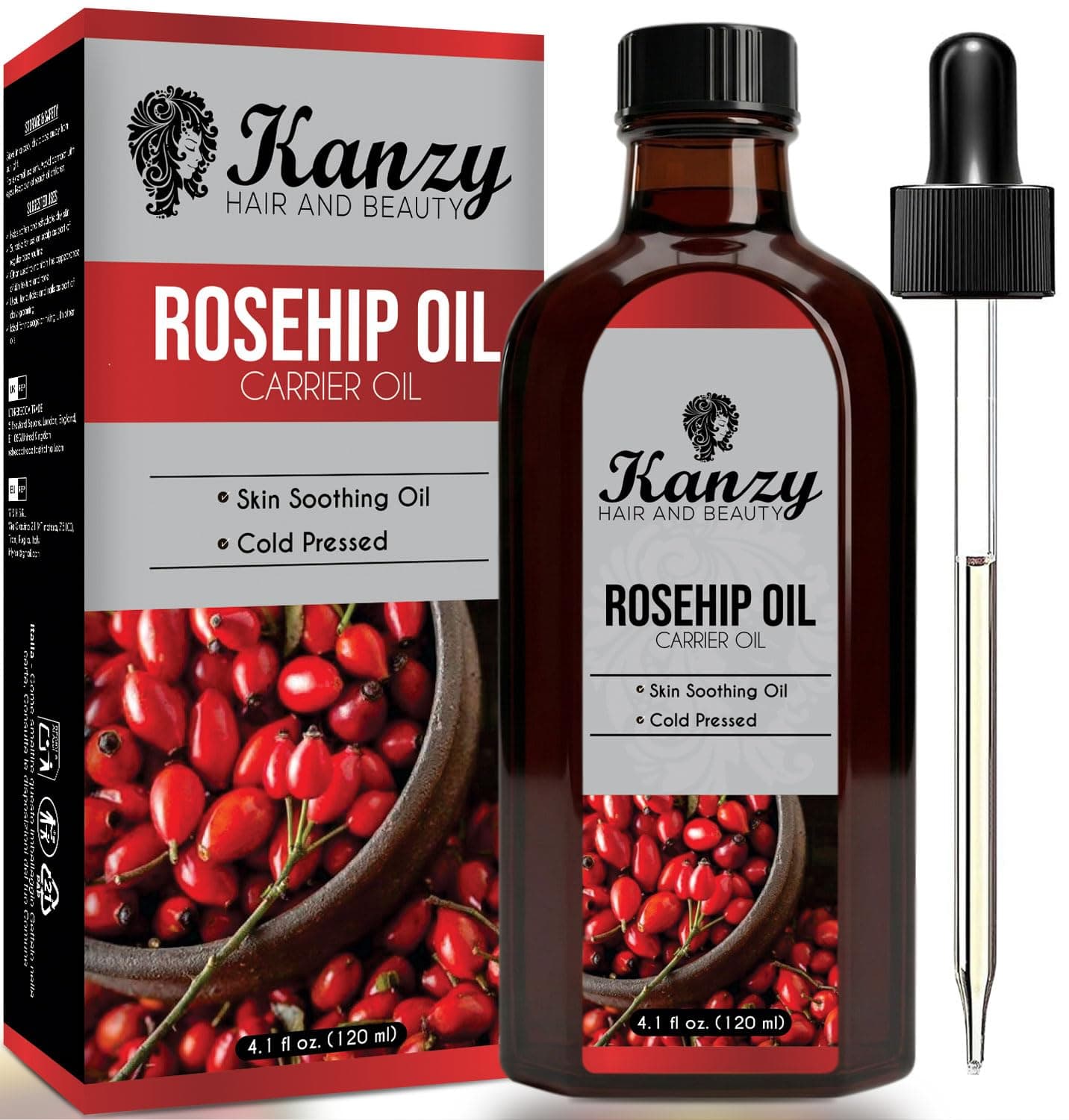 Kanzy Olio di Rosa Mosqueta 120ml Olio di Rosa Canina, Spremuto a Freddo, Vegano e Non Raffinato Rosehip Oil per Viso, Corpo, Capelli, Pelle e Mani
