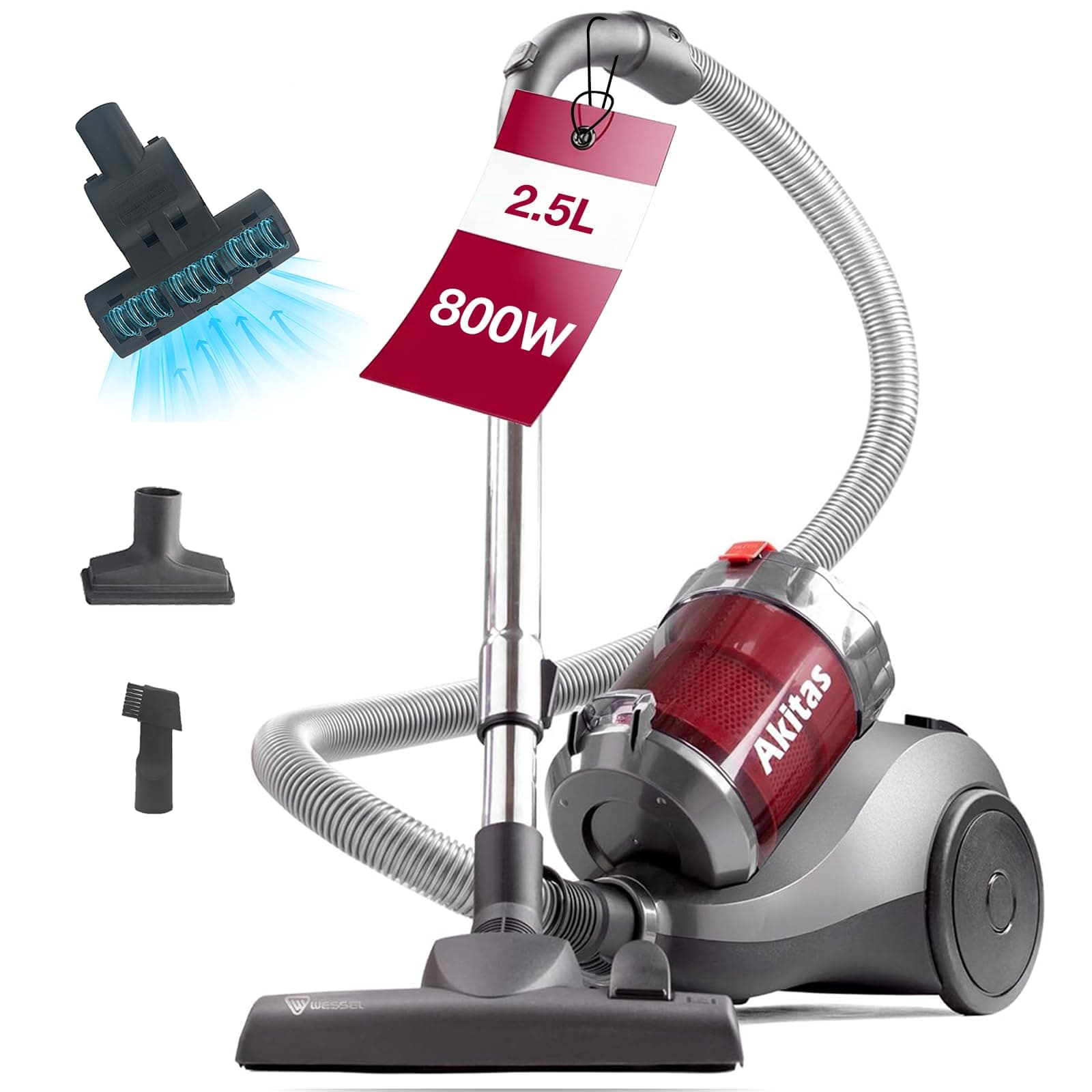 Akitas Aspirateur sans Sac 800W 2,5L avec Brosse Turbo Pet Hair et Brosse 2-en-1 Allemande Wessel Werk pour Sols Durs et Tapis