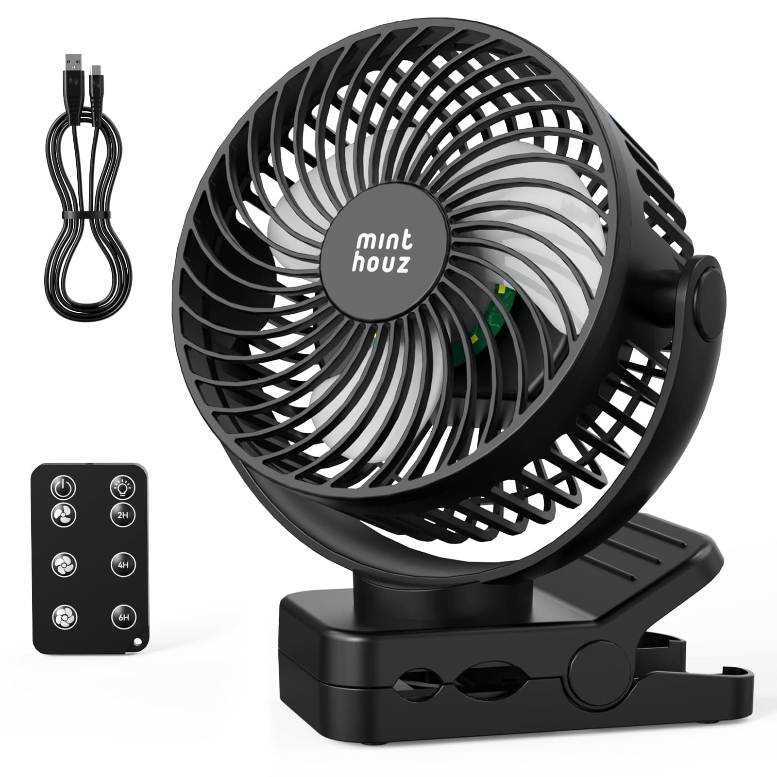 Minthouz Ventilateur portable USB rechargeable 12000 mAh avec clip et télécommande, 45H d'autonomie, silencieux, 3 vitesses, lumière LED, rotation à 360°, minuteur, pour bureau, camping et poussette