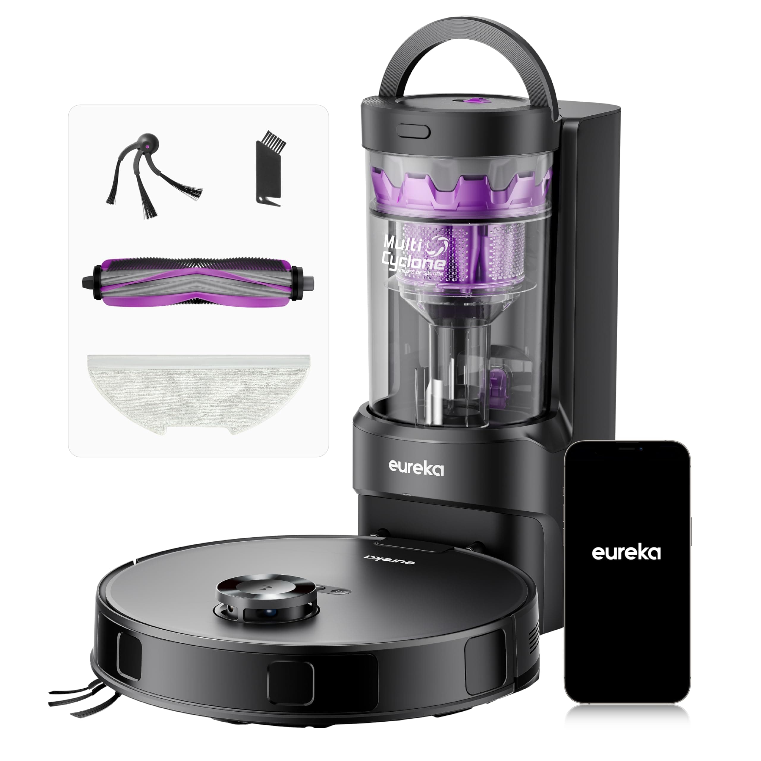 Eureka E20 Evo Plus Robot Aspirateur Laveur avec Station sans Sac Aspiration 10000 Pa Aspirateur Robot Autovidange, Anti Enchevêtrement pour Cheveux Poils d'animaux, Soulèvement de Serpillière 10mm