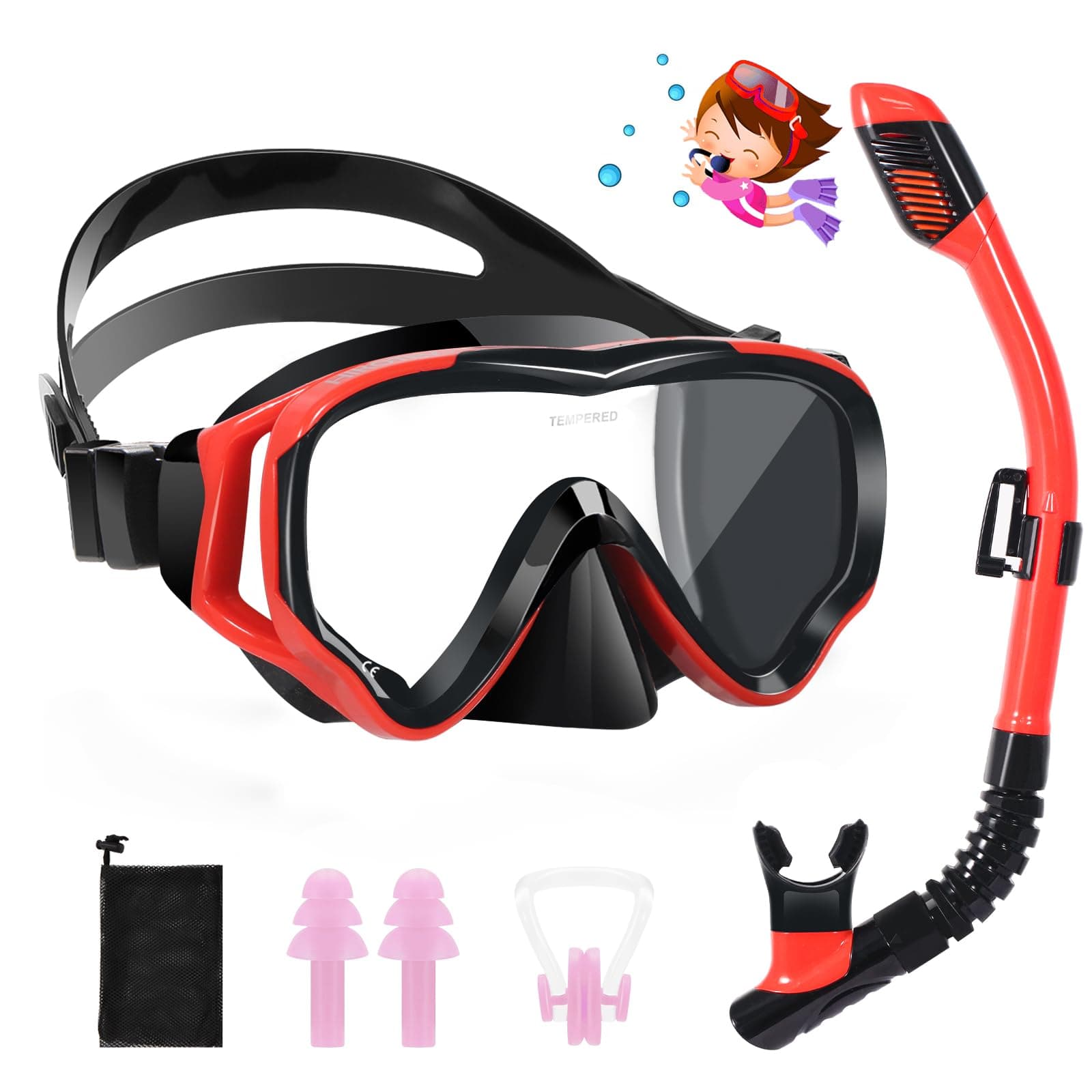 HIKOTEY Gafas de Buceo para Niño,El Kit de Snorkel Incluye Máscara y Tubo,Máscara de Buceo Antivaho de Vidrio Templado,180°Panorámico HD, Adecuado para Buceo y Snorkel, Niños de 4 a 16 Años