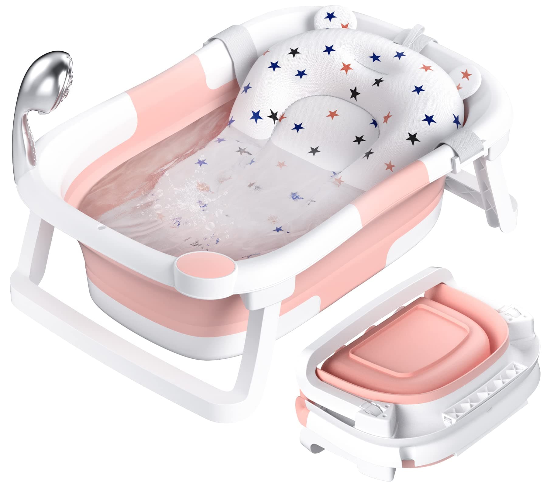 Rabb 1st Bañera Plegable Bebé, Imprescindible para Bebe, Recién Nacido a Niño Pequeño, Bañera de Viaje Portátil con Alfombrilla Antideslizante y Orificio de Drenaje (Sin Termómetro)(Rosa)