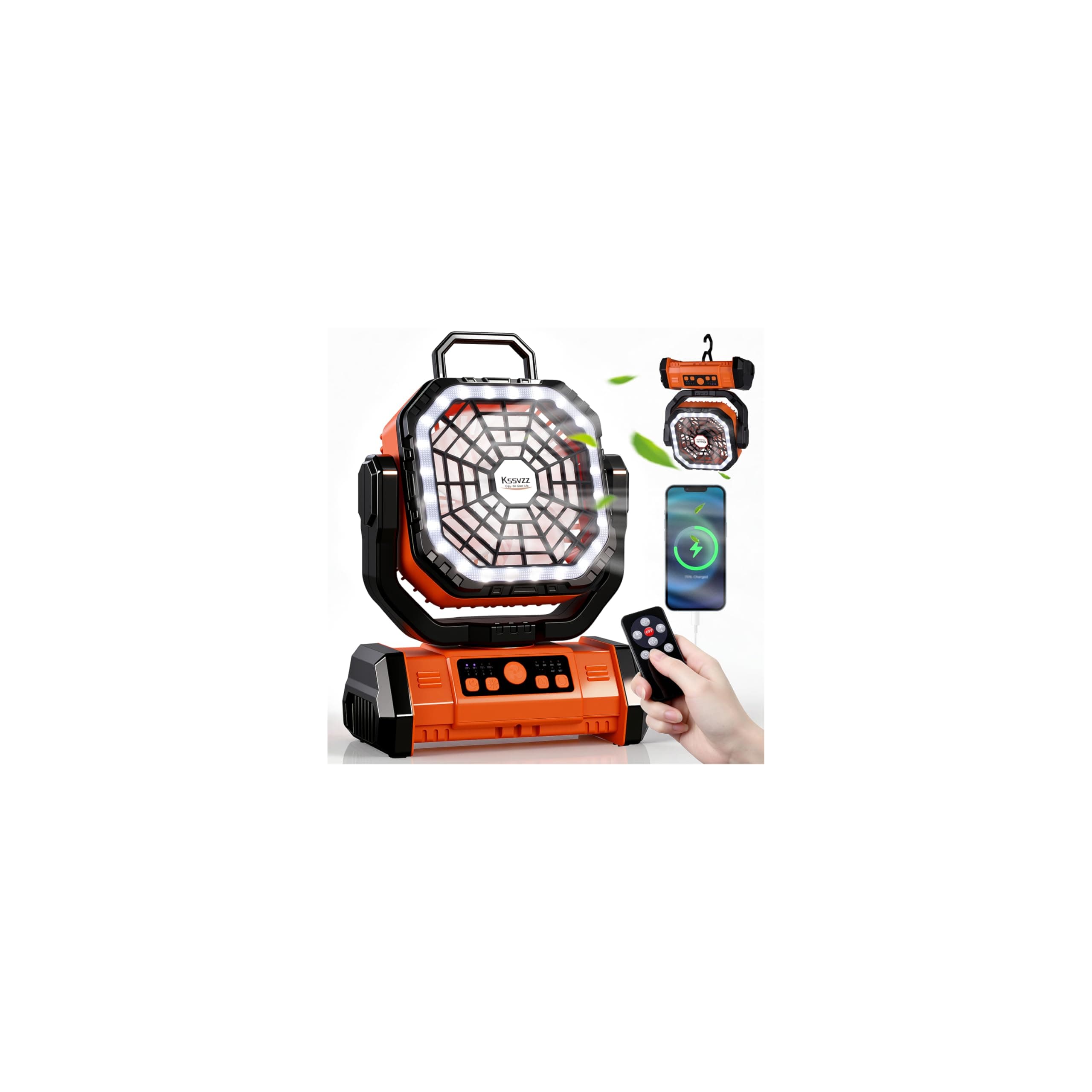 Kssvzz Ventilateur Camping 30000 mAh avec LED, Ventilateur Portable Rechargeable à 4 Vitesses avec Télécommande et Crochet, Ventilateur de Table USB avec Minuterie, Idéal pour Voyages,Barbecue, Pêche