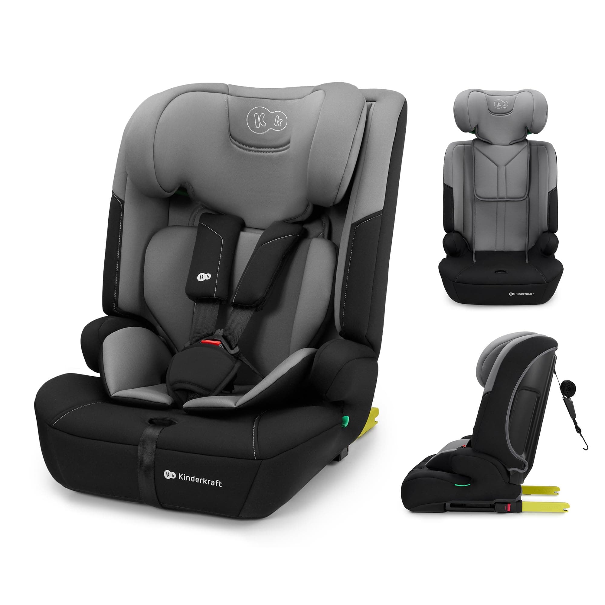 Kinderkraft SAFETY FIX 3 PRO I-SIZE 76-150 cm Seggiolino Auto 9-36 kg isofix, Alzatina auto bimbi, Poggiatesta regolazione, Cinture di sicurezza, extra TOP TETHER, Facile da pulire, Grigio
