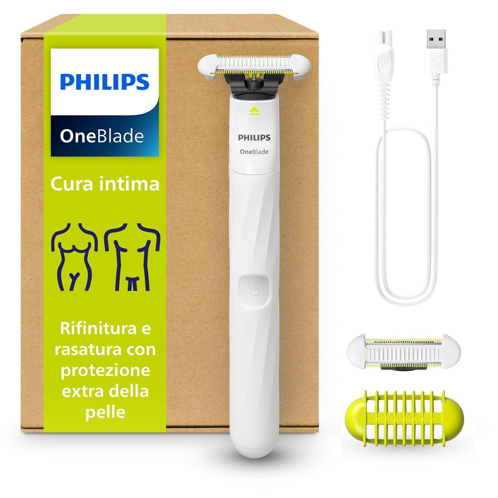 Philips OneBlade Intimate, cura intima, rifinitura e rasatura con protezione extra della pelle, Rasatura precisa e confortevole - senza radere completamente a zero, modello QP1924/30