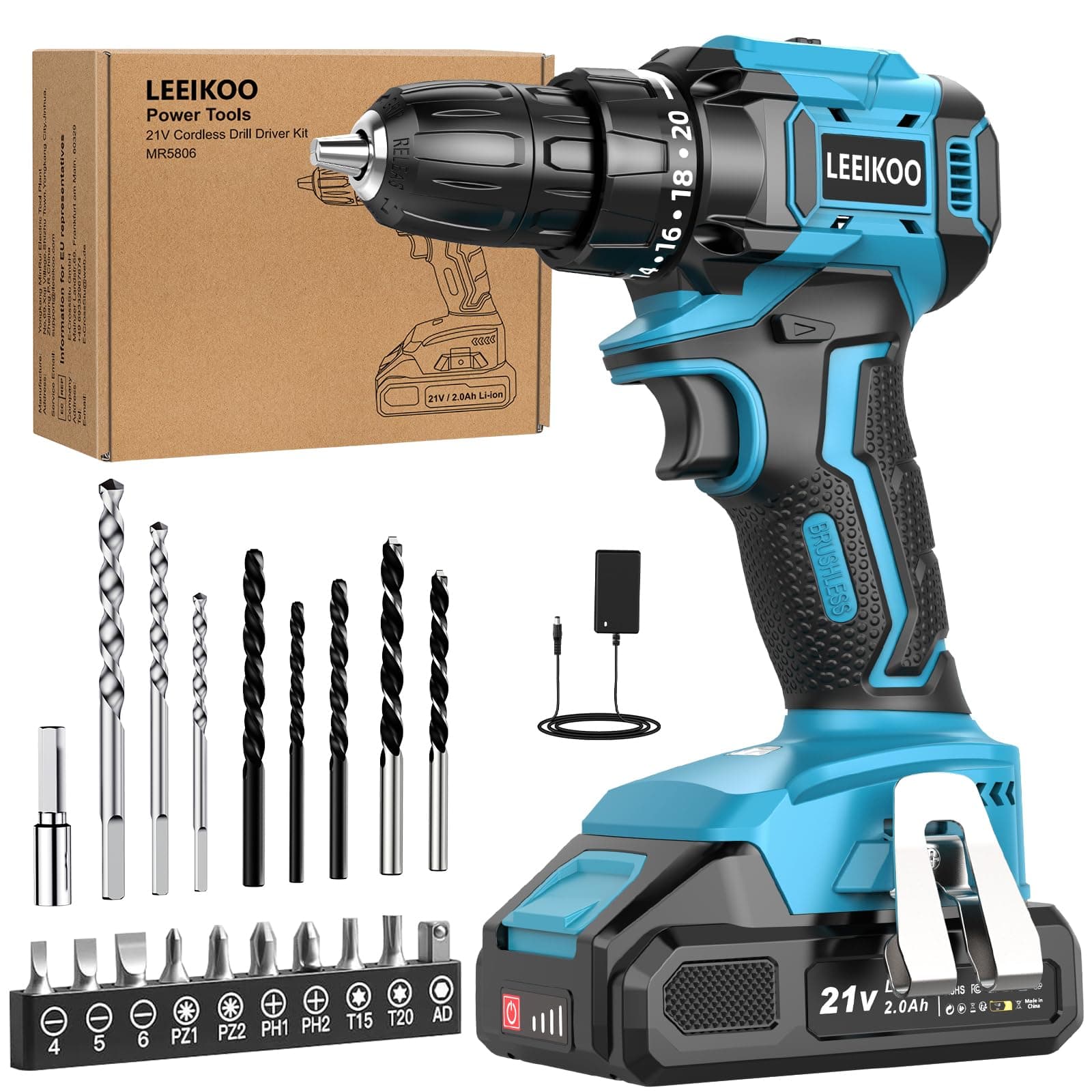Brushless Trapano Avvitatore Batteria, LEEIKOO Avvitatore a Batteria 21V con Battery 2.0Ah, 45N.m Trapano Elettrico, 20 Coppie, 10mm Mandrino, 21 Accessori Per Casa Progetto, Fai da te, Blu
