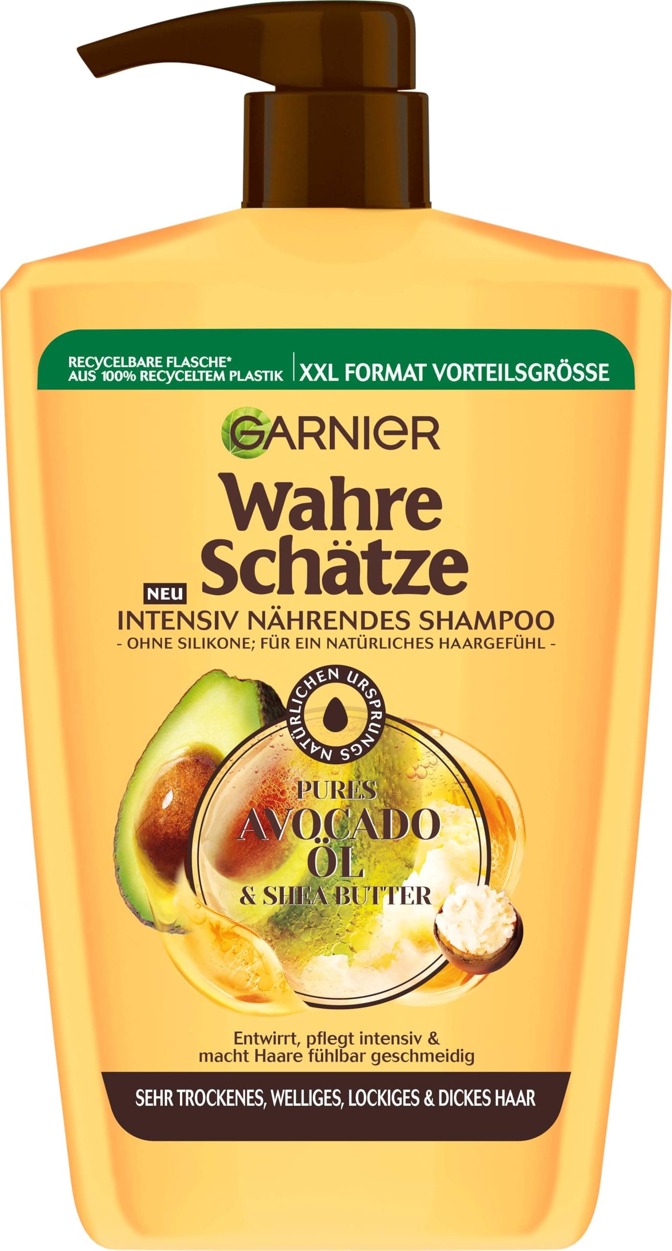 Garnier Wahre Schätze Intensiv Nährendes Shampoo Pures Avocado-Öl & Sheabutter, für trockenes Haar, ohne Silikone, für alle Lockentypen, mehr Geschmeidigkeit, XXL, Maxi Format, 1000ml