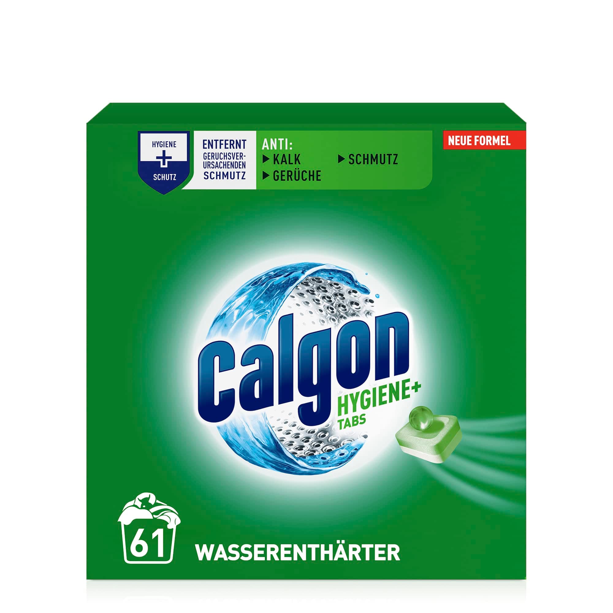 Calgon Hygiene+ Tabs – Schutz vor Kalkablagerungen und Schmutz – Wasserenthärter mit Hygieneschutz für die Waschmaschine – 1 x 61 Tabs Unparfümiert