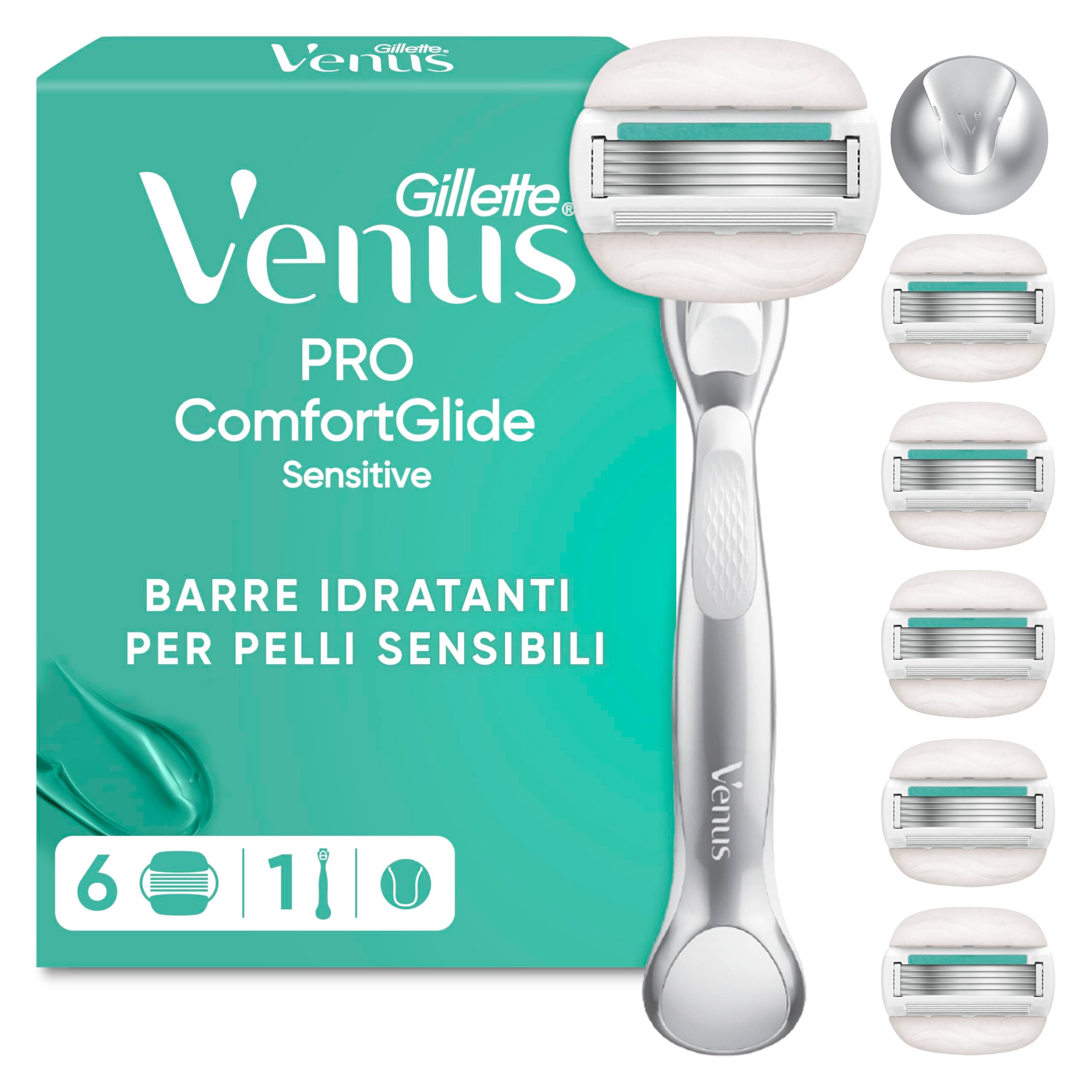 Gillette Venus Rasoio Donna Comfortglide Sensitive per Rasoio a 5 Lame, 1 Manico + 6 Lamette Donna