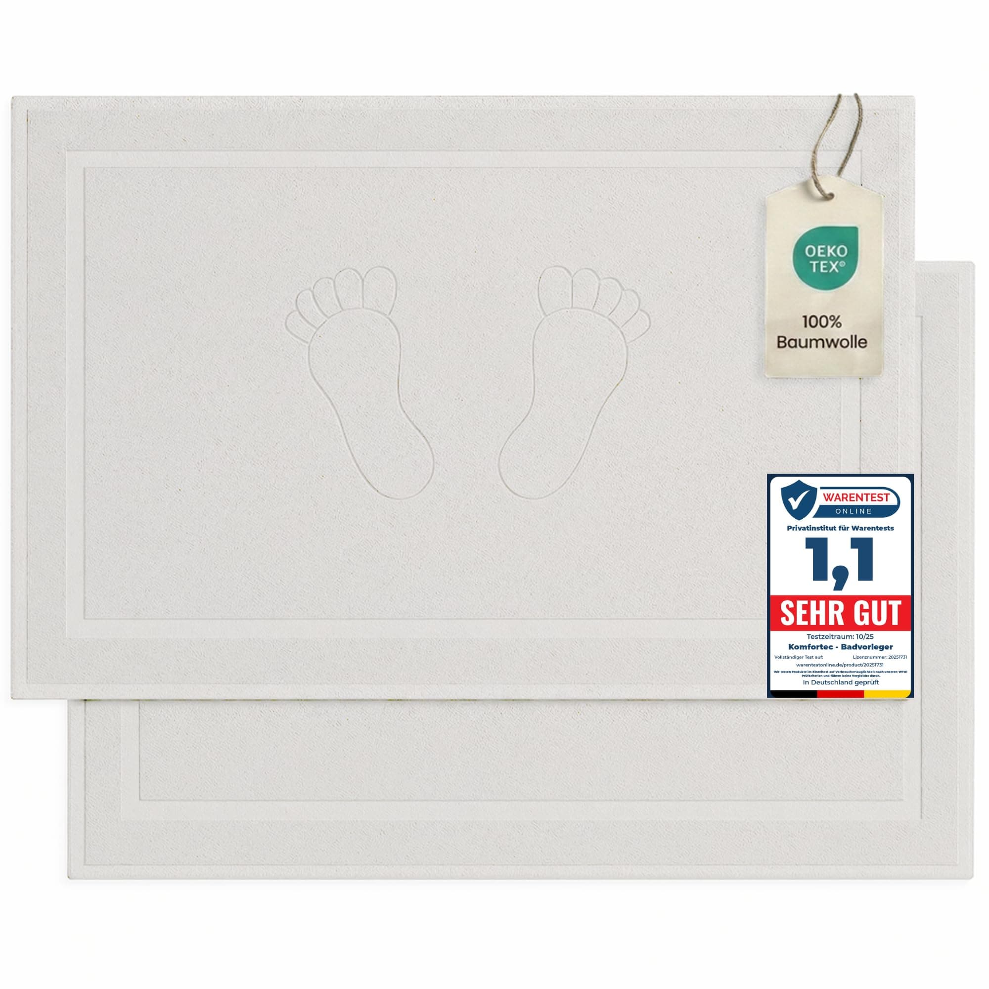 Komfortec - Set di 2 Tappetini da Bagno, Tappetini in Spugna per Doccia, Lavabili, Assorbenti e a Rapida Asciugatura – 800 g/m², 100% Cotone, 50x80 cm, Bianco