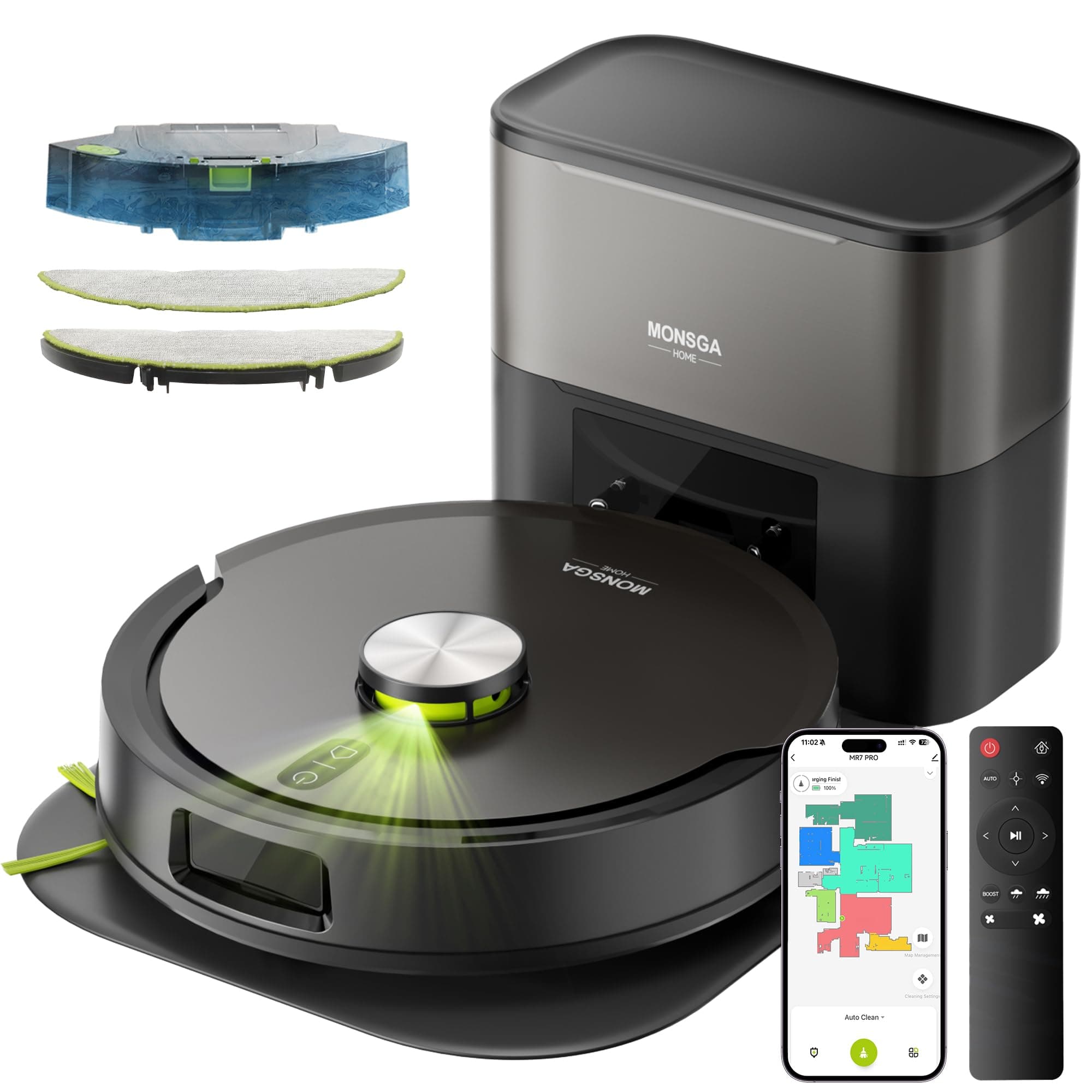 MONSGA Aspirateur Robot 8000Pa, Robot Aspirateur Laveur avec Station Auto-vidage 4L, Plaque de Protection, Navigation LDS, Double Anti-emmêlement pour Cheveux et Poils d'animaux, APP, Contrôle Vocal