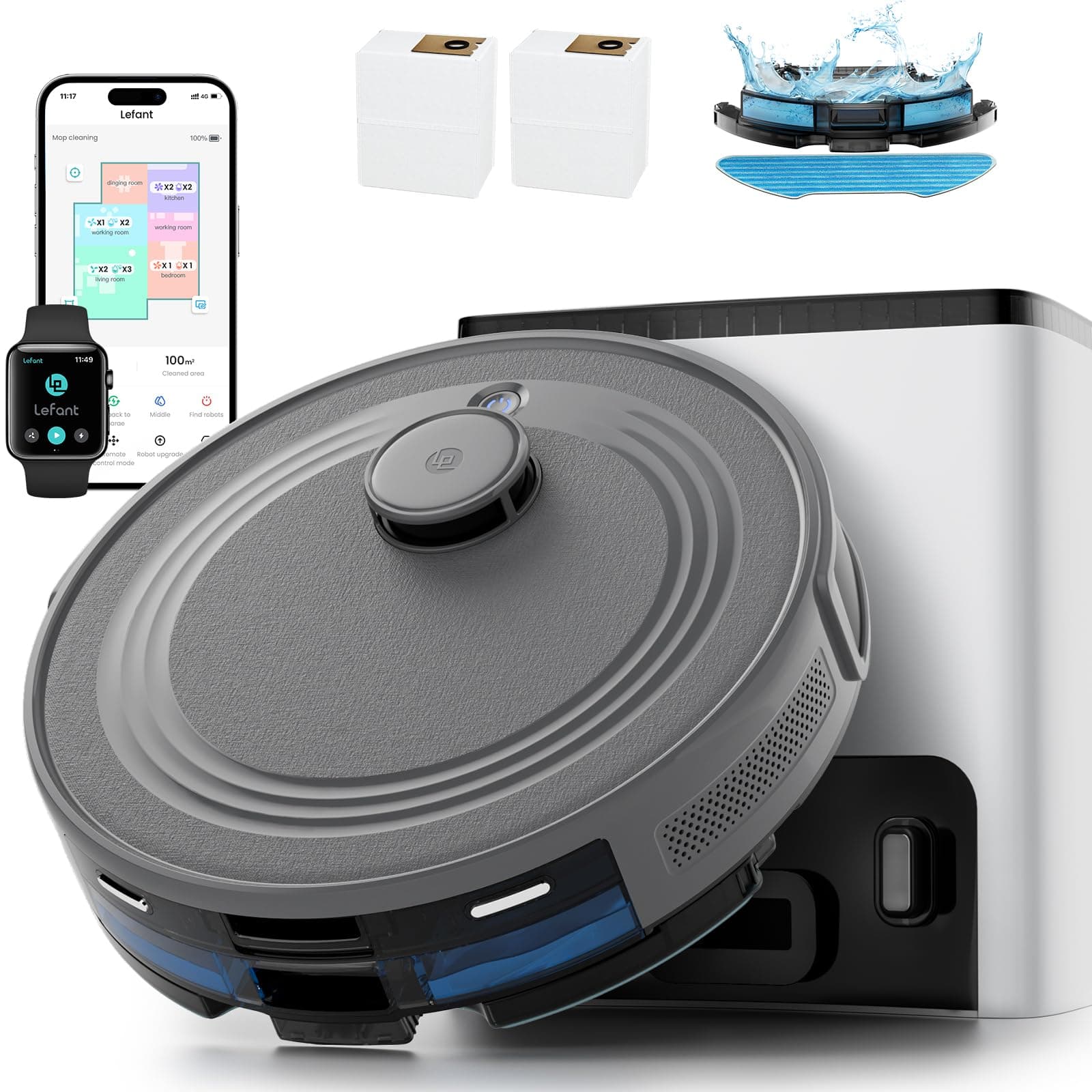 Lefant M2S Plus Aspirateur Robot avec Station, 10000 Pa d'Aspiration, Aspiration Automatique, Évite Obstacles, Auto-Charge Autonomie 240 Min, Poils d’Animaux, Tapis et Sols Durs, Alexa/App/WiFi, Gris