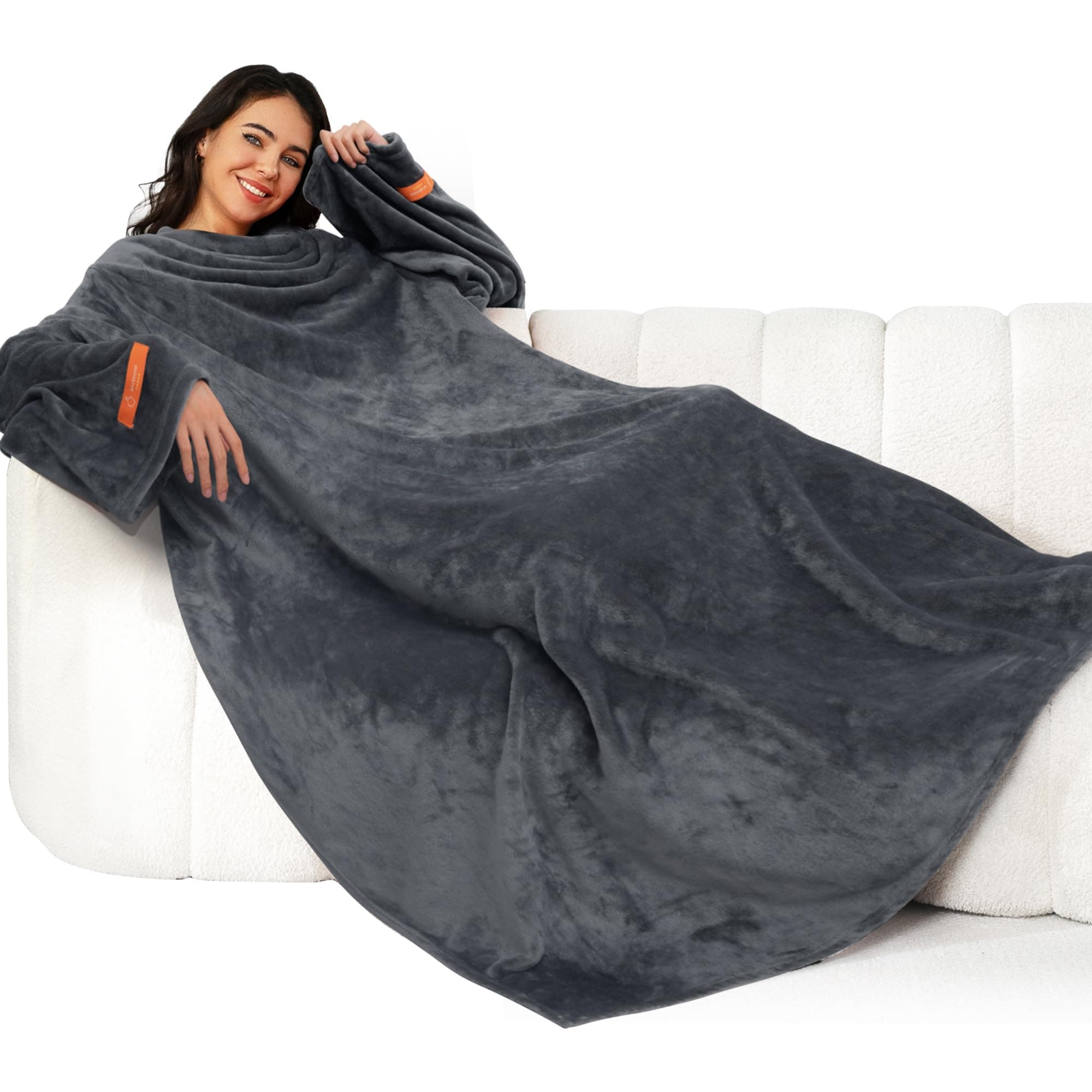 Winthome Coperta con Maniche Morbida, Calda, Soffice, Mani Libere, OEKO-TEX | Plaid con Velcro ed Elastico, Blanket da Indossare, Flanella, Grande, Regalo, Risparmia sul Riscaldamento (Grigio, 140x180cm)