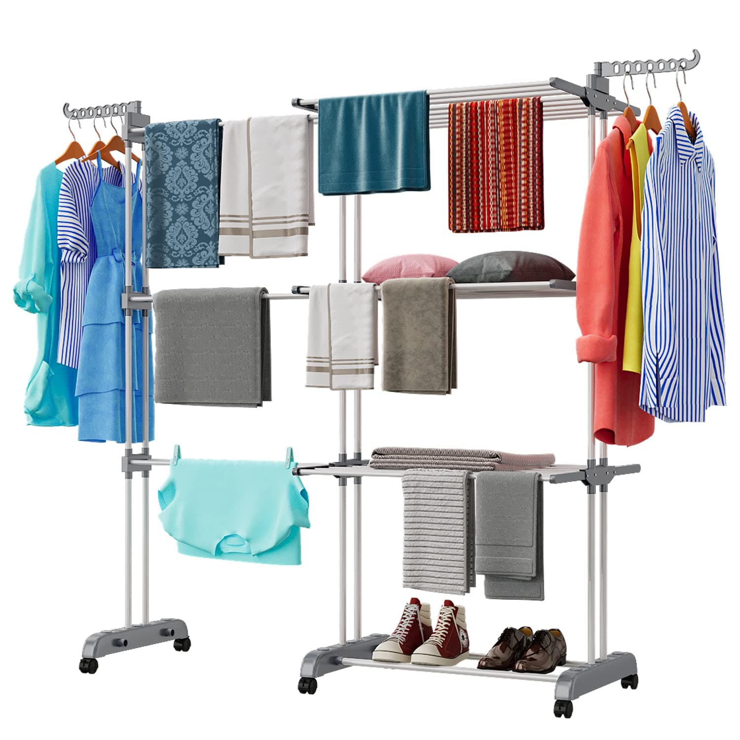 Shrivee Séchoir à Linge Tour Peu encombrant avec 6 Ailes Pliables sur 3 Niveaux, étendoir à Linge Extensible Longueur 66-130 cm, Table de Lavage Pliable pour l'intérieur et de Grandes familles