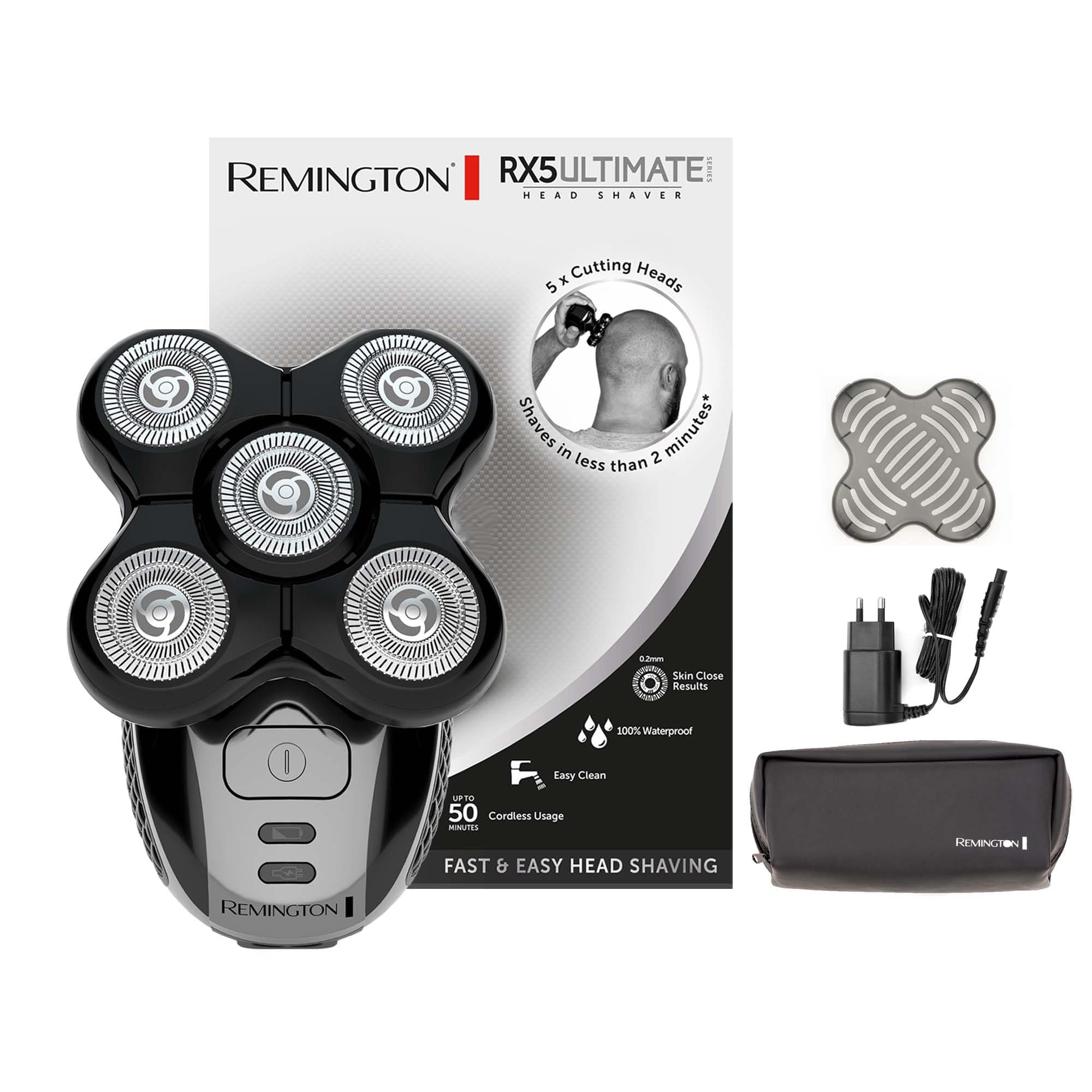 Remington Rasoio Testa Calva Uomo - Lama a doppia traccia flessibili - Rasoio a testine Rotanti al litio, 5 testine di rasatura, Raccolta peli, Rifinitore, Rasoio Elettrico RX5 XR1501