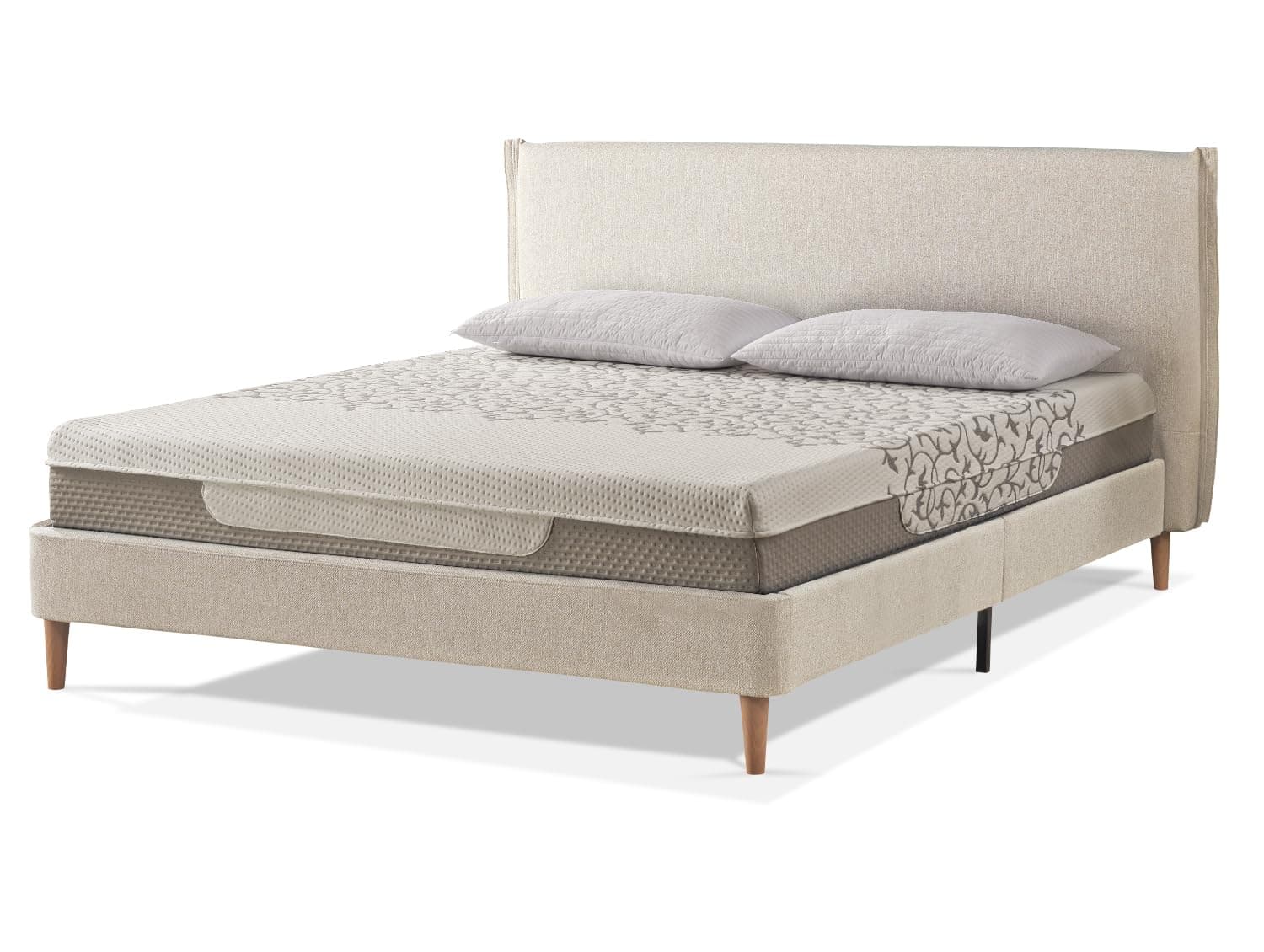 EVERGREENWEB - Letto Matrimoniale con Materasso in Memory Foam 160x200 alto 20 cm, Base Letto 12 Doghe in Legno + Coppia Cuscini in Fiocco GRATIS, Elegante Testata Rivestimento Tessuto color Beige