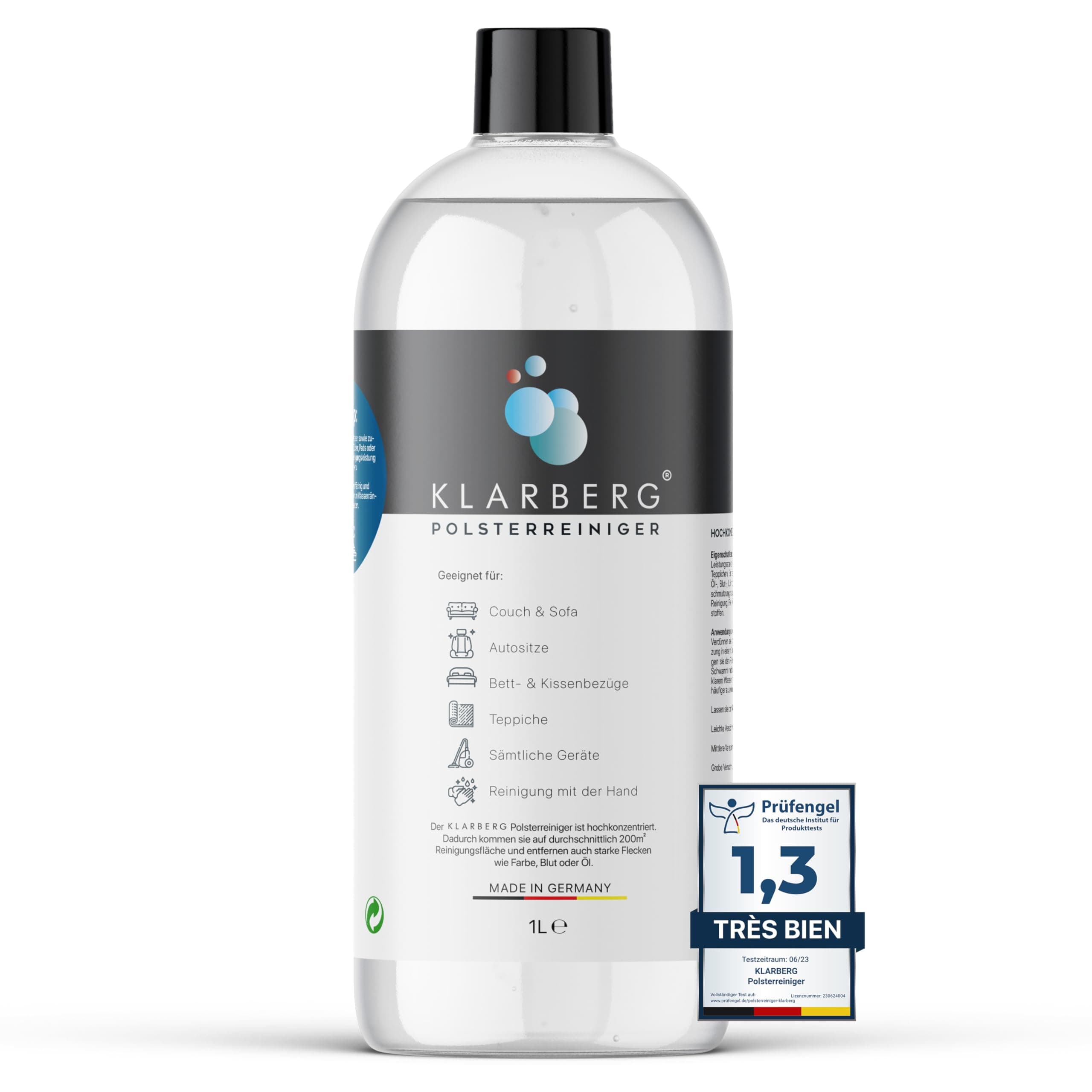 KLARBERG® Nettoyant textile concentré pour canapé, tapis et sièges auto – Compatible aspirateurs injecteurs-extracteurs, nettoyeurs tapis et nettoyage manuel