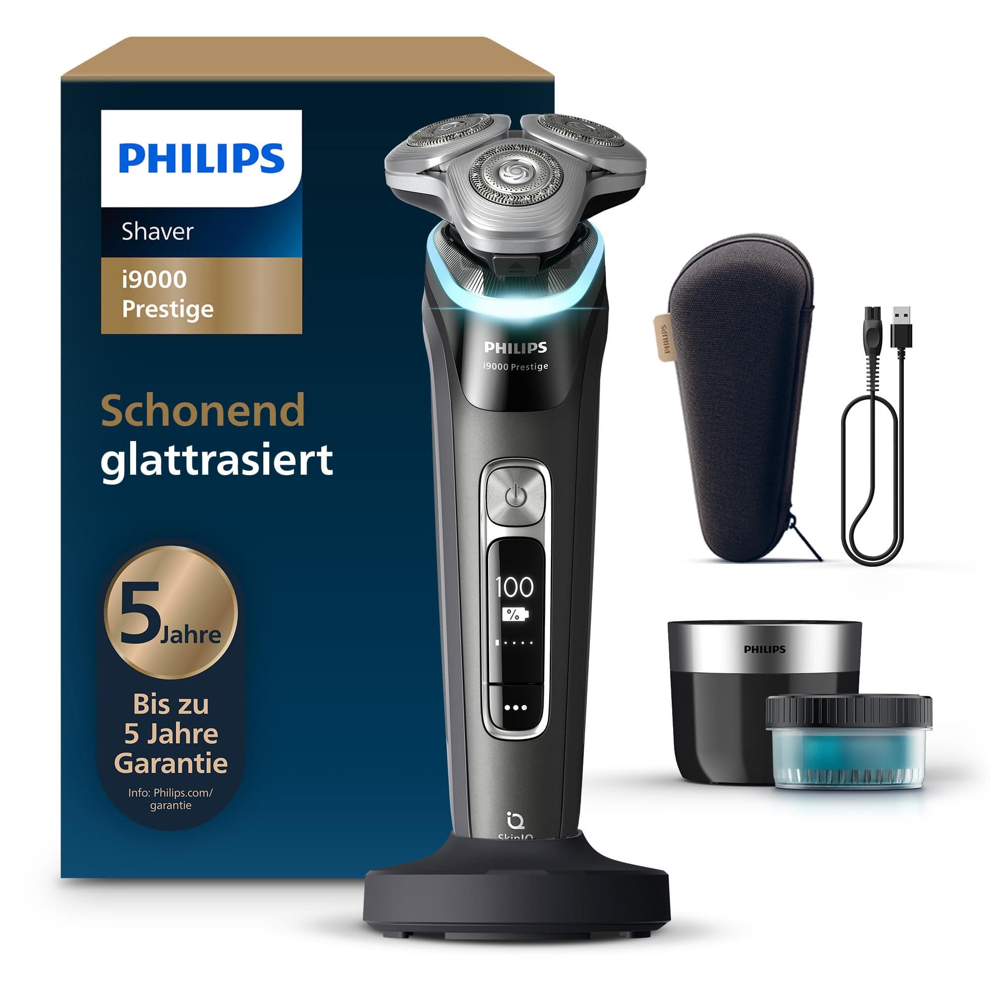 Philips Rasierer i9000 Prestige, elektrischer Nass- und Trockenrasierer für Herren mit integriertem Trimmer, schwarz, Drucksensor, Reinigungsstation, Ladestation und Reiseetui (Modell XP9207/30)