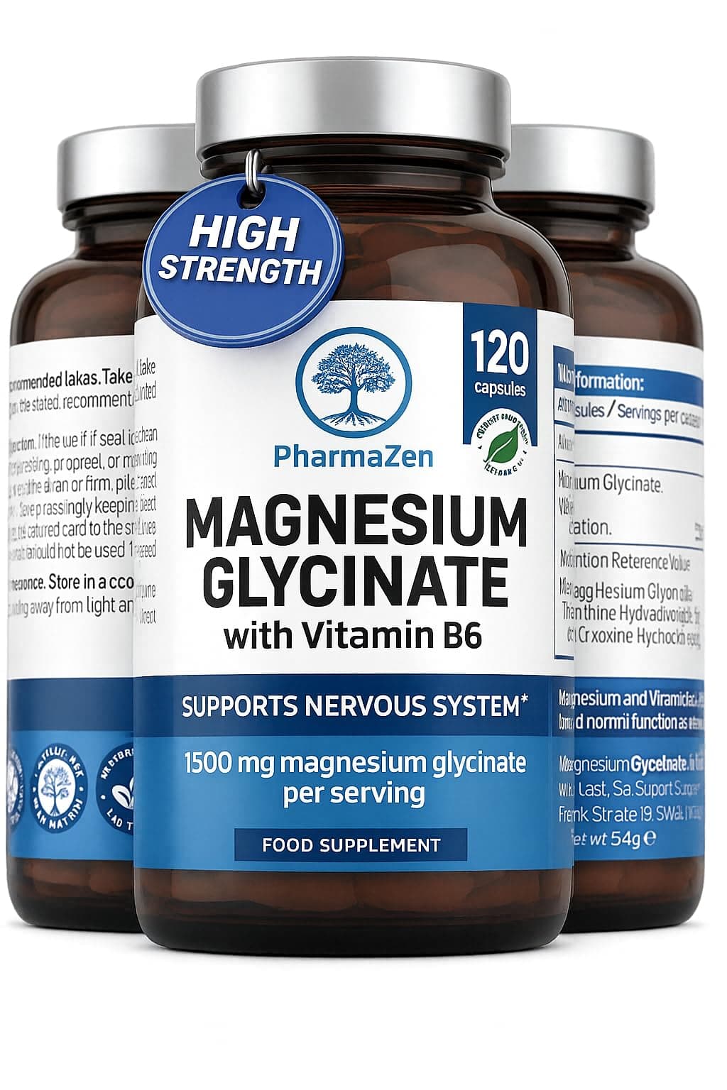 Bisglicinato de Magnesio 1500 mg - Sueño y energía - 300 mg de magnesio puro con vitamina B6 - Glicinato quelado - 120 cápsulas veganas - Alta absorción - PharmaZen