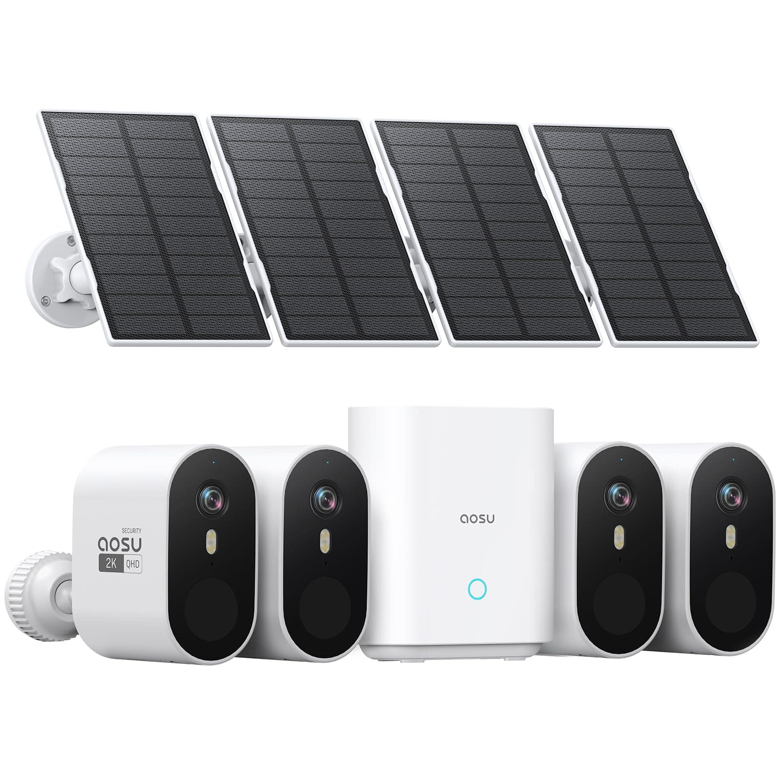 aosu 2K Caméra Surveillance WiFi Extérieure sans Fil, 4 Caméras et aosuBase 32GB Stockage Local, Aucun Abonnement Requis, Détection PIR, Lumière Vision Nocturne en Couleur, 2-Way Audio, Angle 166°