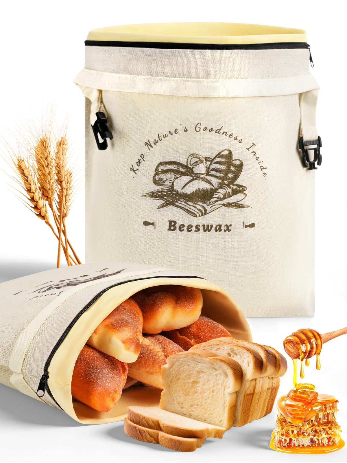 Weenkler Lot de 2 sacs à pain en cire d'abeille - Réutilisables - En lin - Avec fermeture éclair et sangles de transport - Pour pain au levain fait maison - 30 x 40 cm