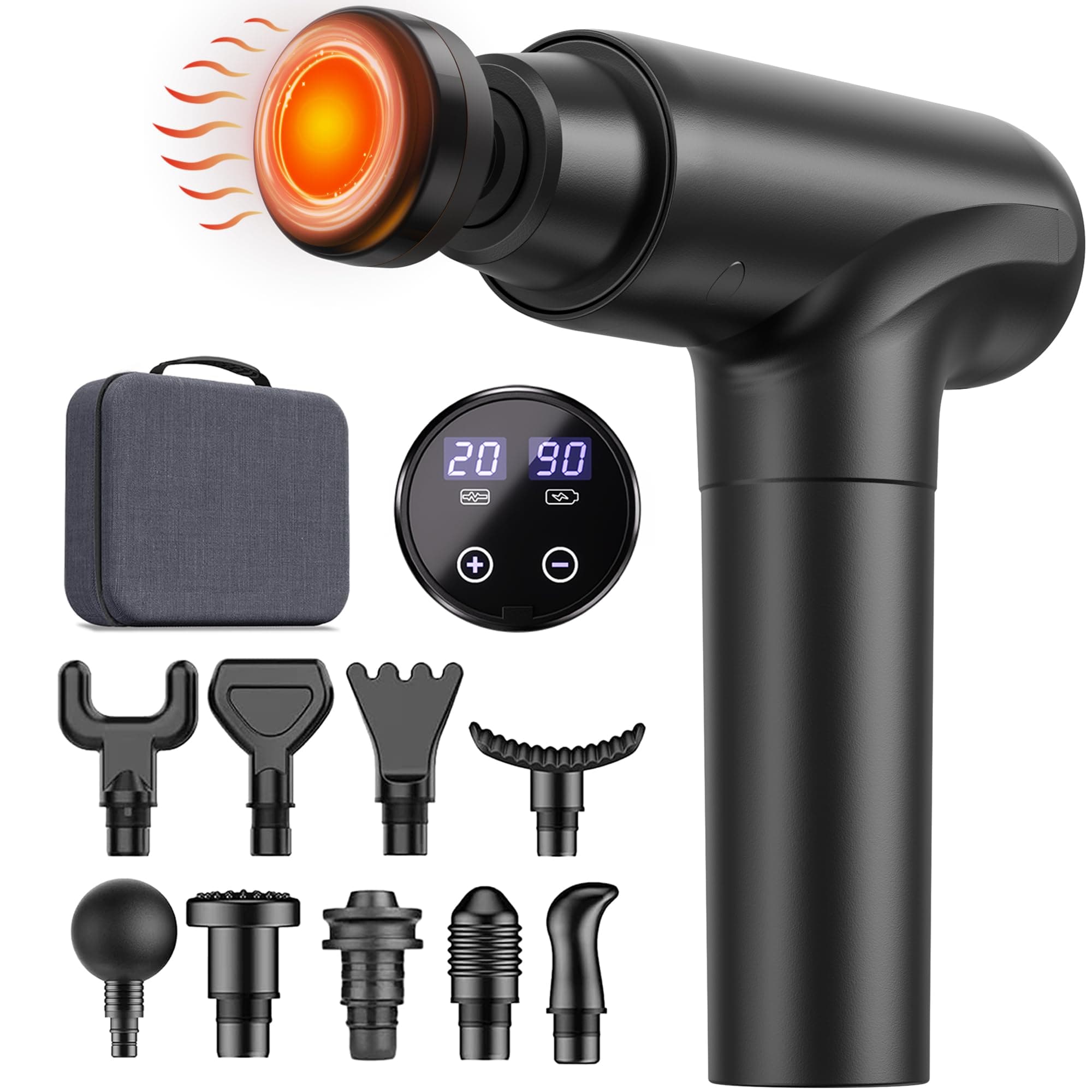 Cotsoco Pistola Massaggio Muscolare con Calore, 20 Velocità e 10 Testine, Massaggiatore a Percussione con Schermo LED Touch, Silenziosa con Borsa da Trasporto, Regalo Uomo Donna