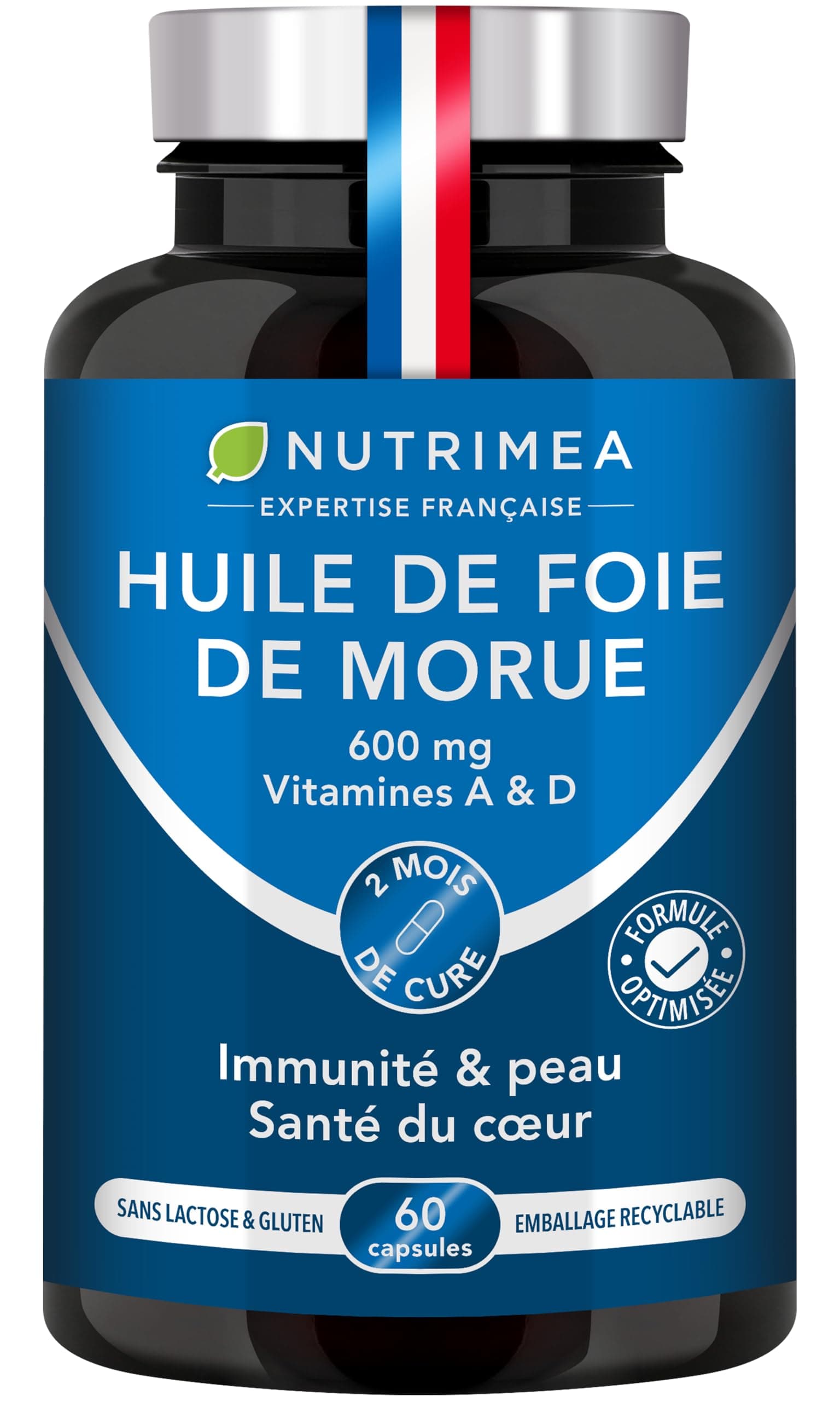 Huile de Foie de Morue - 600 mg - 100% des Besoins en Vitamines A et D - Immunité - Santé de la Peau - Capital Osseux - Qualité Premium - 60 Capsules - Nutrimea - Fabriqué en France