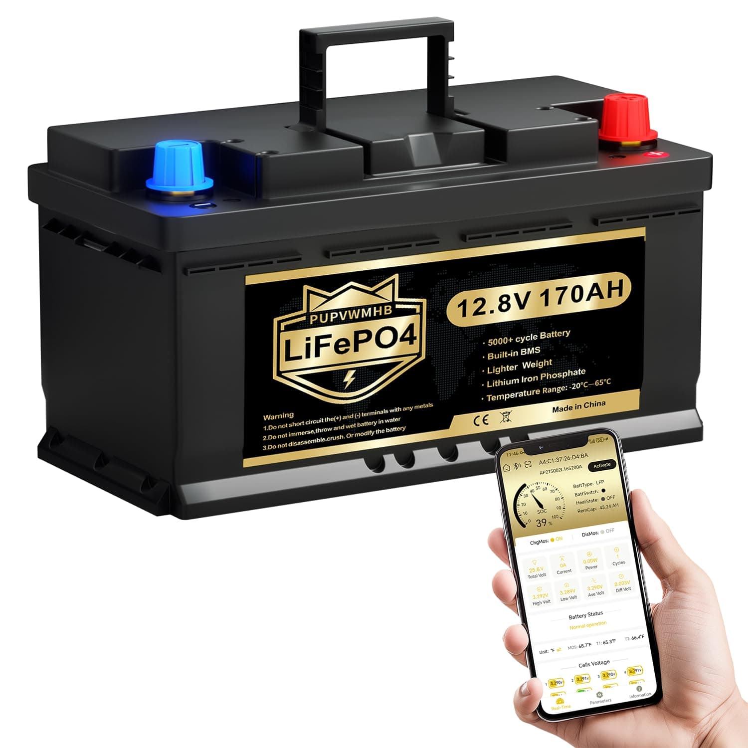 PUPVWMHB Batteria LiFePO4 12V 170Ah con Bluetooth, BMS 150A e protezione bassa temperatura, oltre 15000 cicli, 2176Wh, per camper, barca, campeggio, solare e sistemi off-grid
