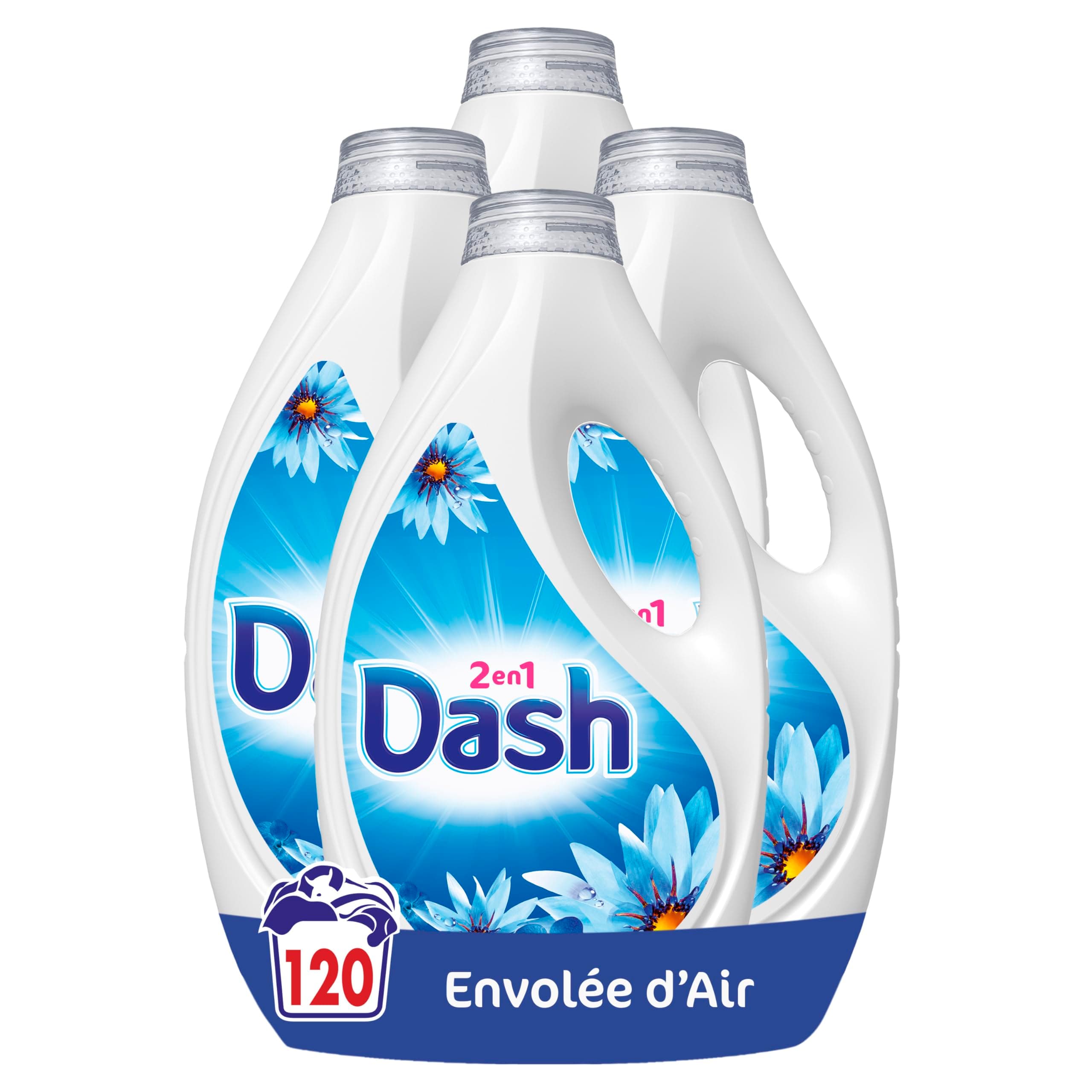 Dash 2en1 Lessive Liquide, 120 Lavages (4X30), Parfum Envolée d'Air, Jusqu'à 3 Semaines de Fraîcheur, Fabriqué en France