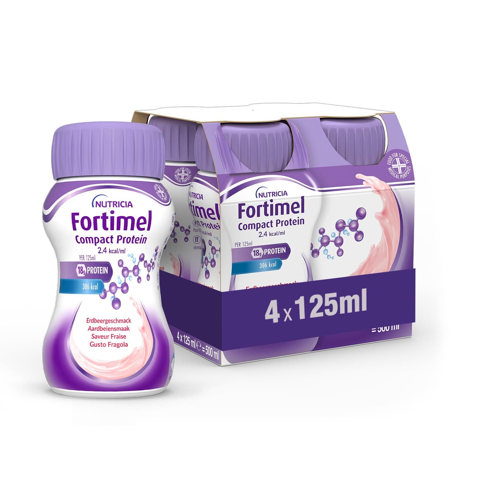 NUTRICIA FORTIMEL COMPACT PROTEIN - Supplemento Ipercalorico e Iperproteico Altamente Palatabile e Compatto, utile in caso di Malnutrizione, Alimento a Fini Medici Speciali, Gusto Fragola - 4 x 125ml