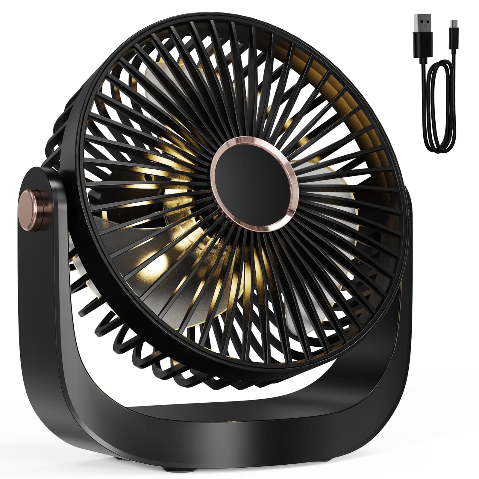 AICPAN Ventilateur de Table, Ventilateur Silencieux Rechargeable USB, 5 Vitesses avec Veilleuse, Réglable à 360 °, 3000mAh Batterie Pour Maison, Bureau, Extérieur, Cuisine, Camping, Noir