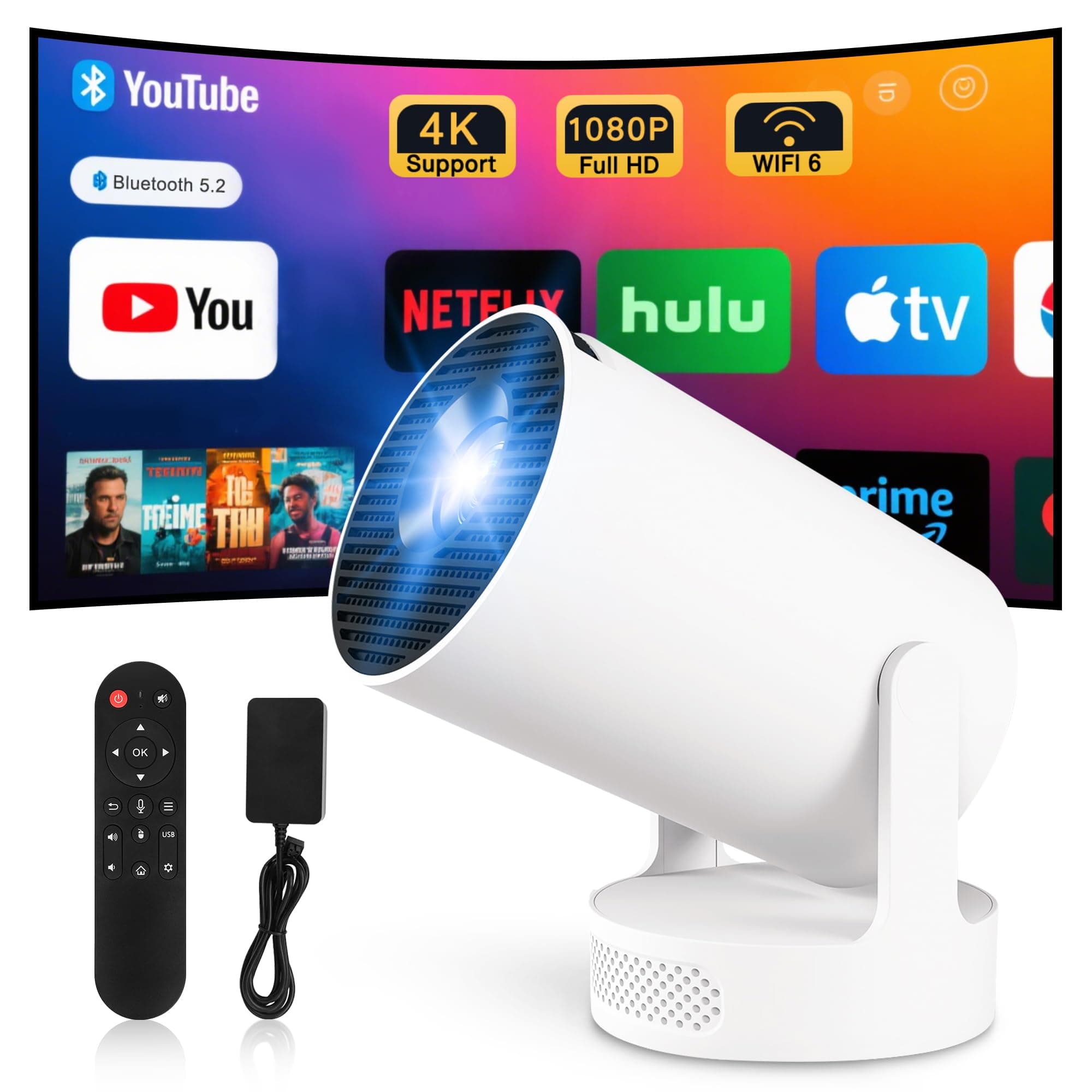 Projecteur Video Mini Videoprojecteur 4k Retroprojecteur Android 11 WiFi 6/BT 5.4 1080P Full HD Supporté pour TÉLÉPhone PC Lap Stick HDMI Home Cinéma (HY300ultra)