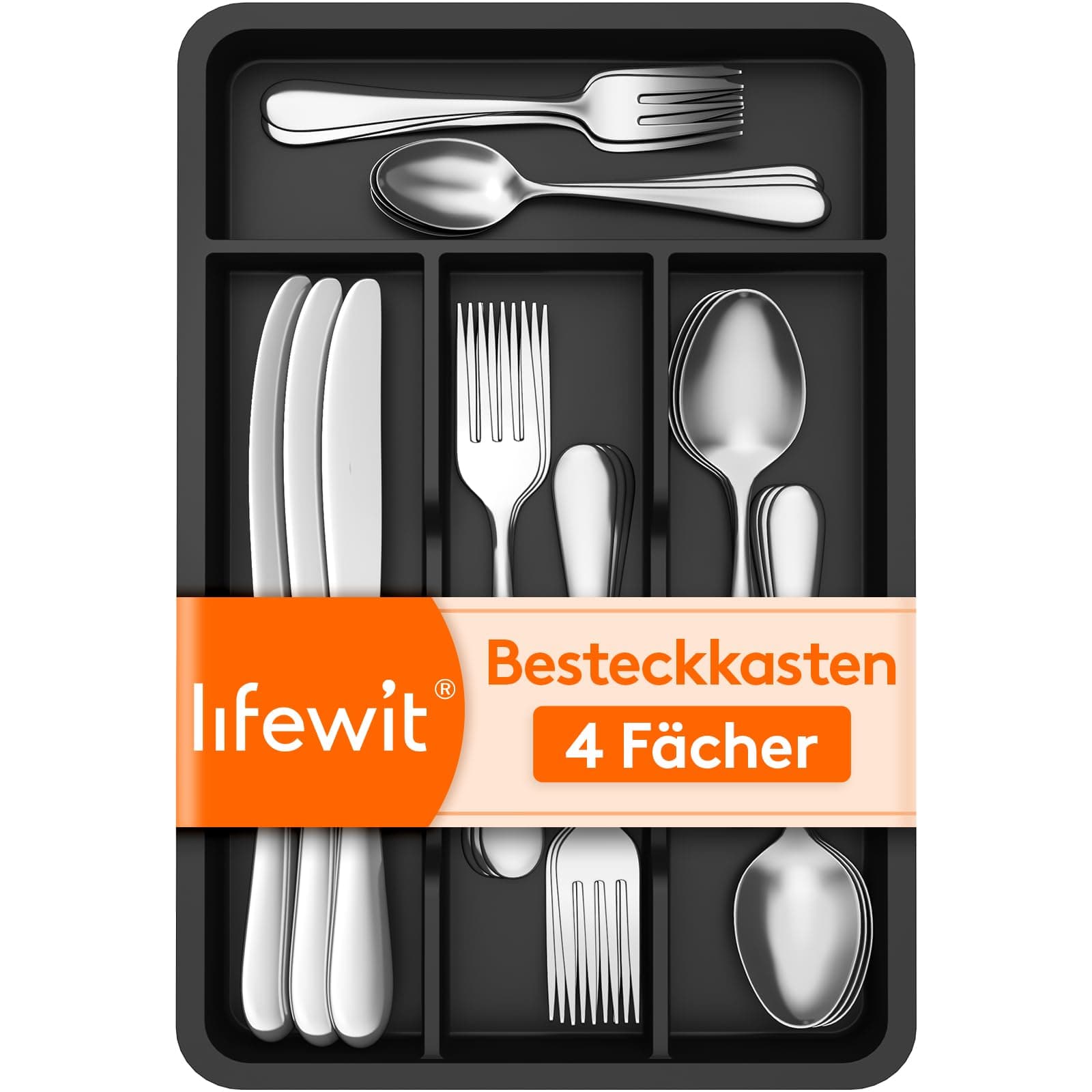 Lifewit kleiner Besteckkasten für Schubladen, 4 Fächern Besteck Organizer, 20 x 32 cm Schublade Organizer Küche, Besteckeinsatz Utensilienhalter aus Kunststoff für Löffe/Gabeln/Messer, Schwarz