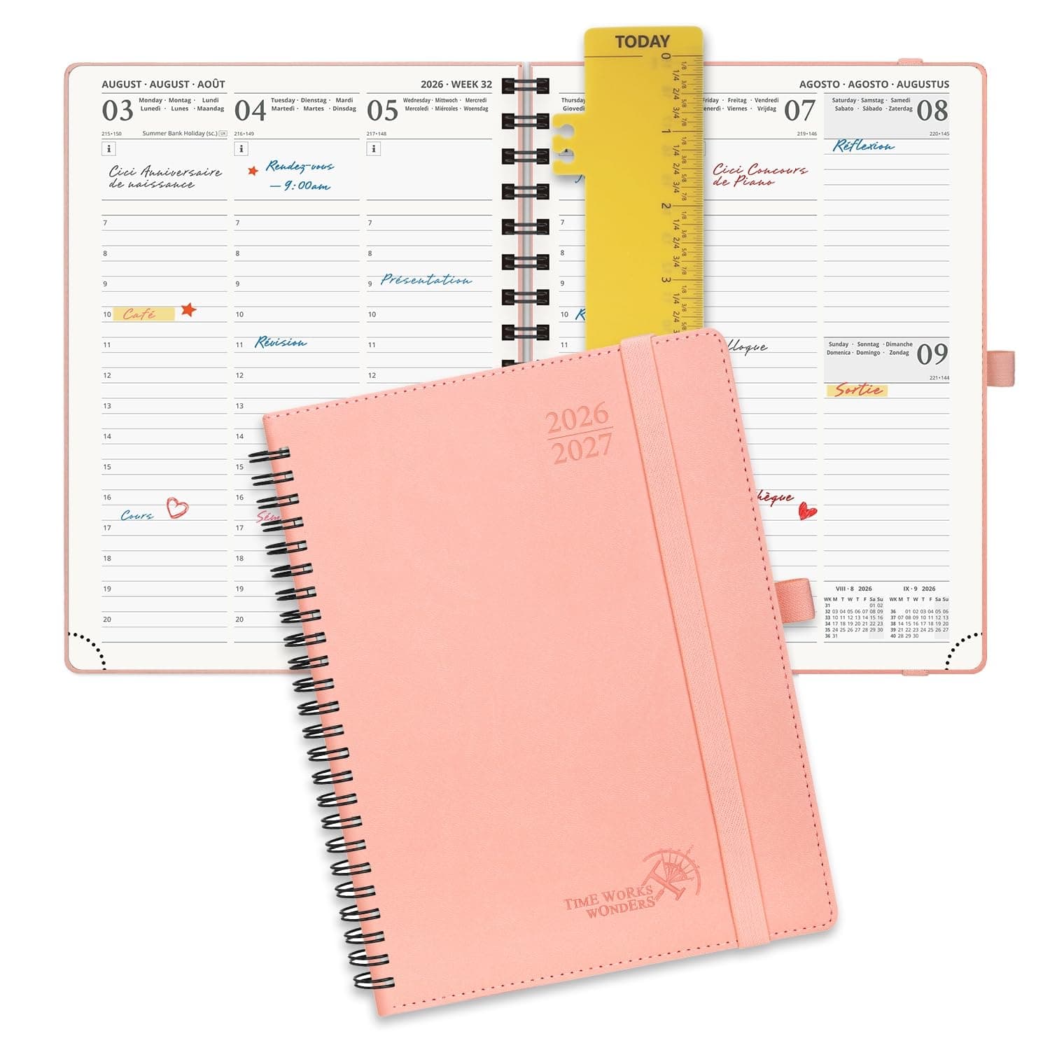 POPRUN Agenda 2026 2027 Semainier 22 x 16,5 cm D'Août 2026 à Déc 2027,Planner Vertical Scolaire 17 Mois avec Couverture Souple Spirale,Règle-signet,Papier 80g/m²,Rose