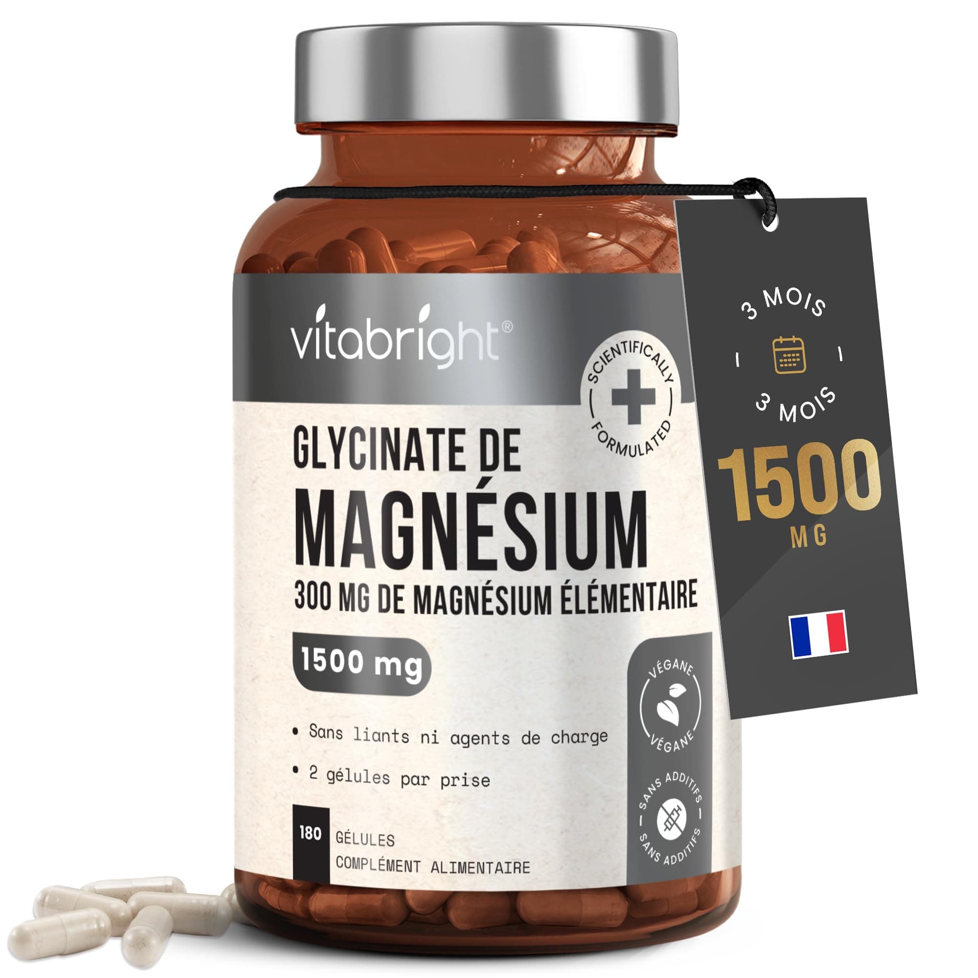 VitaBright Magnésium Bisglycinate Bio 1500 mg – 300 mg de magnésium élémentaire par portion – 180 gélules végétales pour 3 mois – Sans additifs.