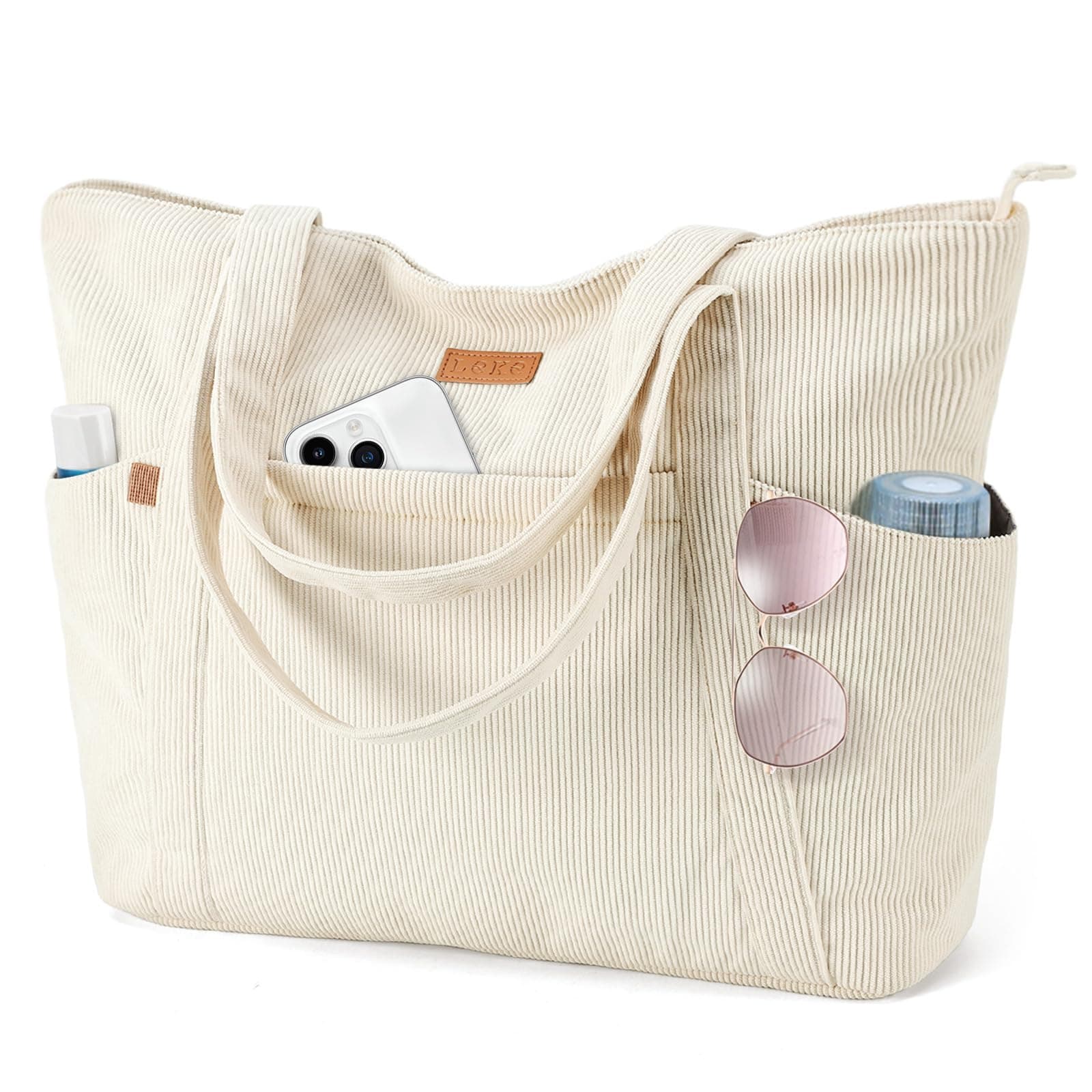 Lekesping Sac Fourre-Tout Femme Grand en Velours Côtelé, Bandouliere Cabas avec Fermeture Éclair et Poches, Léger Sac a Main Ordinateur 17 Pouces pour Voyage Shopping Université et Usage Quotidien