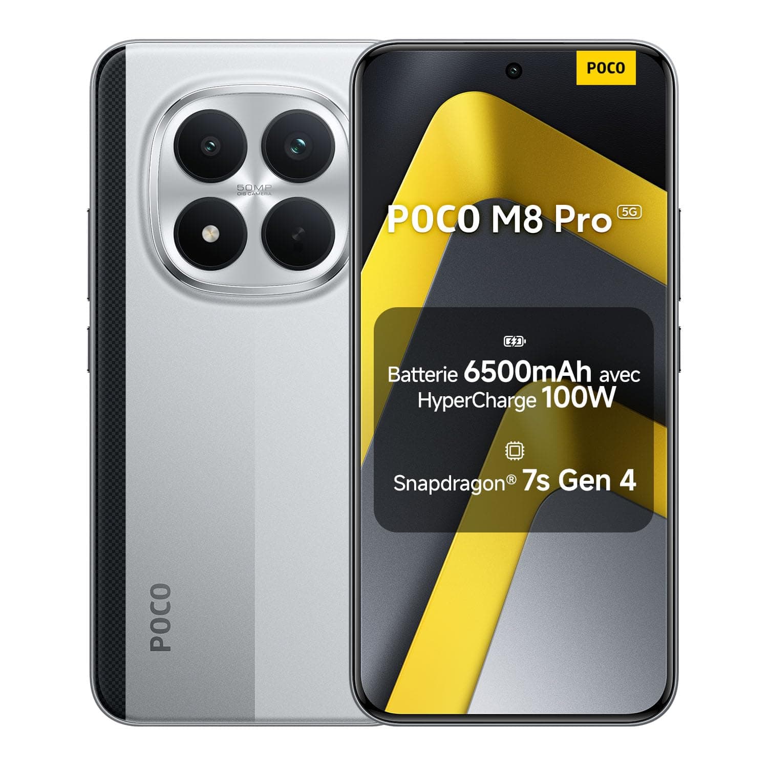 Xiaomi POCO M8 Pro, Smartphone 8+256 Go, Écran AMOLED CrystalRes 1,5K de 6,83", Snapdragon® 7s Gen 4, 50 Mpx Light Fusion 800 avec stabilisateur, Argent, Garantie 2 Ans, Chargeur Non Inclus