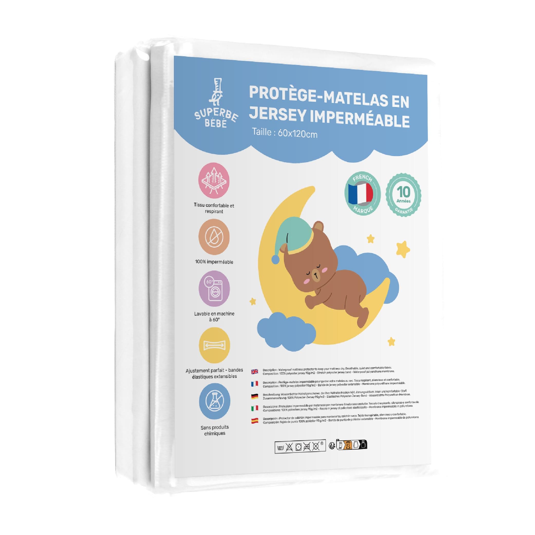 Protège Matelas Bebe 60x120 Imperméable pour Lit Bébé | Alèse Matelas Drap Housse Facile à Installer | Surmatelas Imperméable Lavable en Machine | Oeko Tex sans Produits Chimiques | Garantie 10 Ans