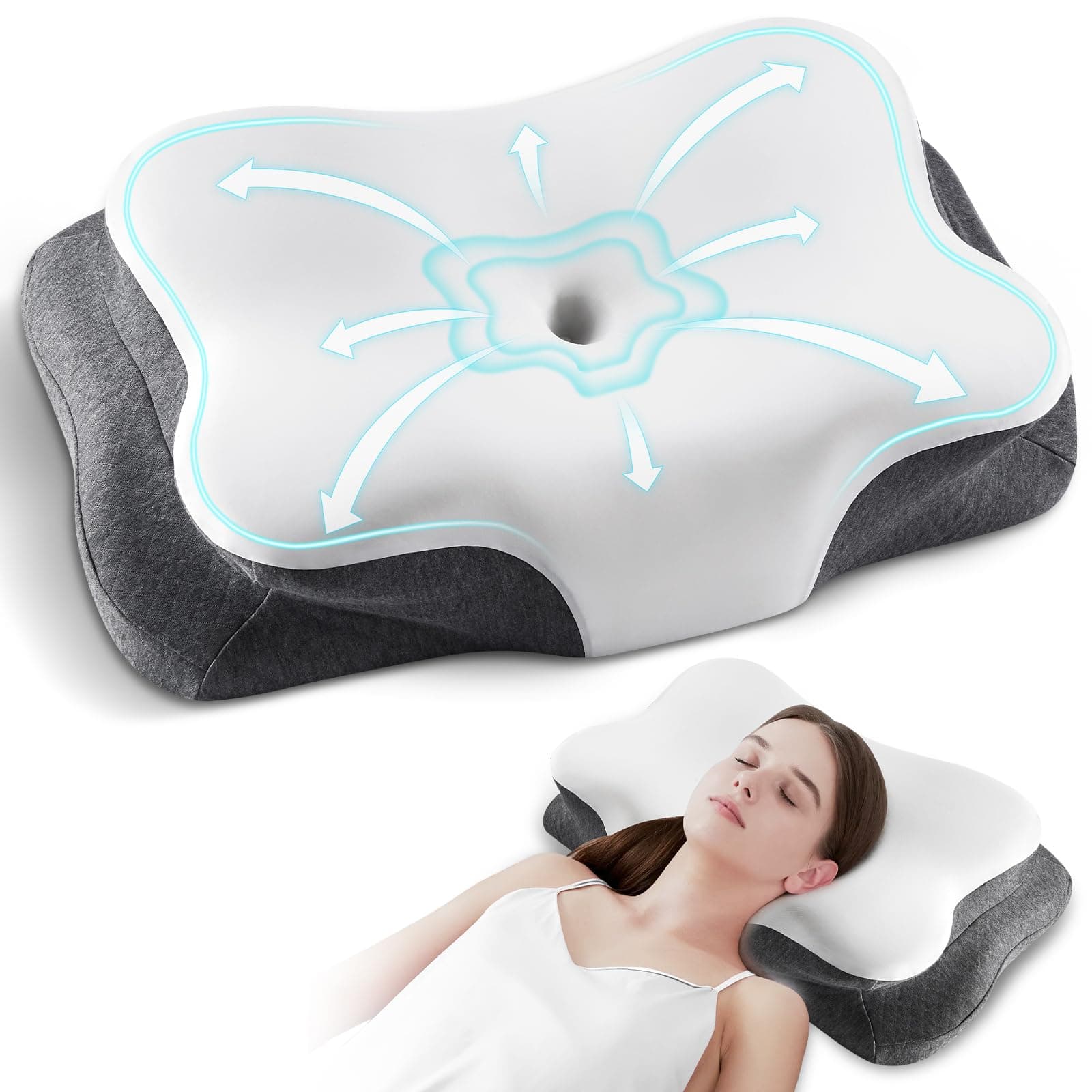 Silkena Oreiller Coussin Memoire de Forme,Oreiller Ergonomique Cervical,Oreillers Respirant,Adapté pour Ceux Qui Dorment sur Le Côté, sur Le Dos ou sur Le Ventre (Blanc et Gris Foncé)