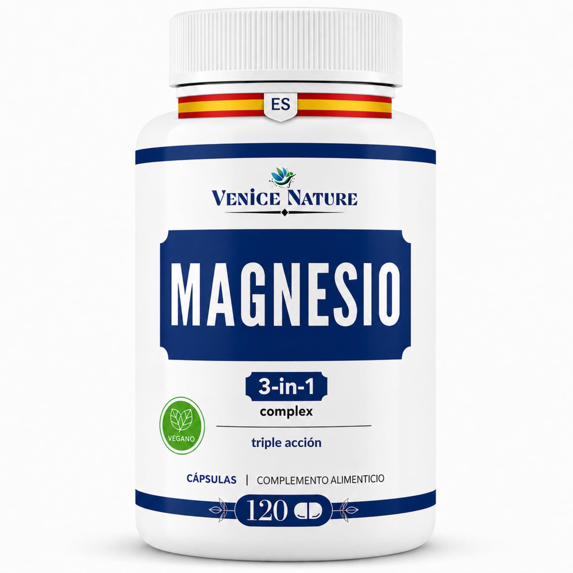 Magnesio Complex 400mg - 3 en 1 - Bisglicinato + Citrato + Óxido Marino, Magnesio 3 Puro, 120 Cápsulas Vegan - Uso Diario - Venice Nature
