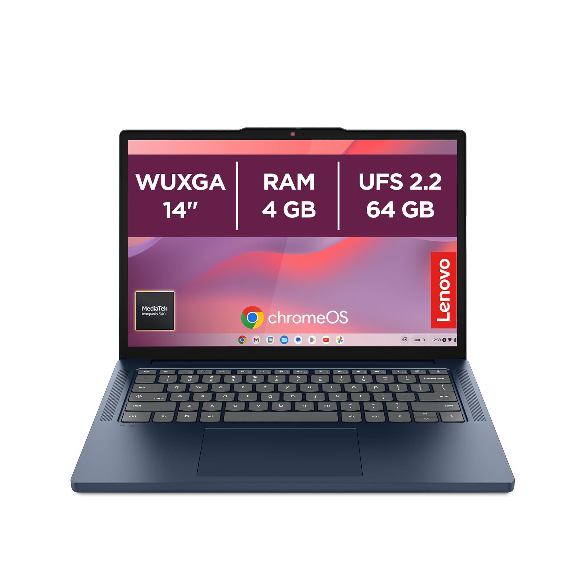 Lenovo Chromebook 14" Notebook IPS WUXGA (1920x1200), 128GB SSD, 8GB RAM, Wi-Fi6E, ChromeOS, MediaTek Kompanio 540 - Laptop Leggero per Studio, Streaming e Uso Quotidiano